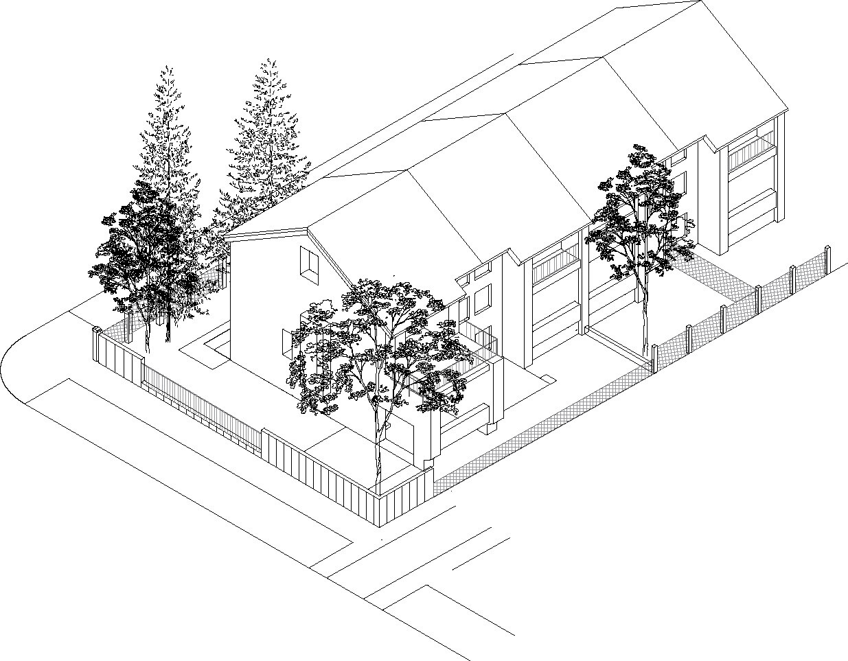 Axonometric line drawing of a corner row house with pitched roofs, balconies, a street fence and tall trees at the junction