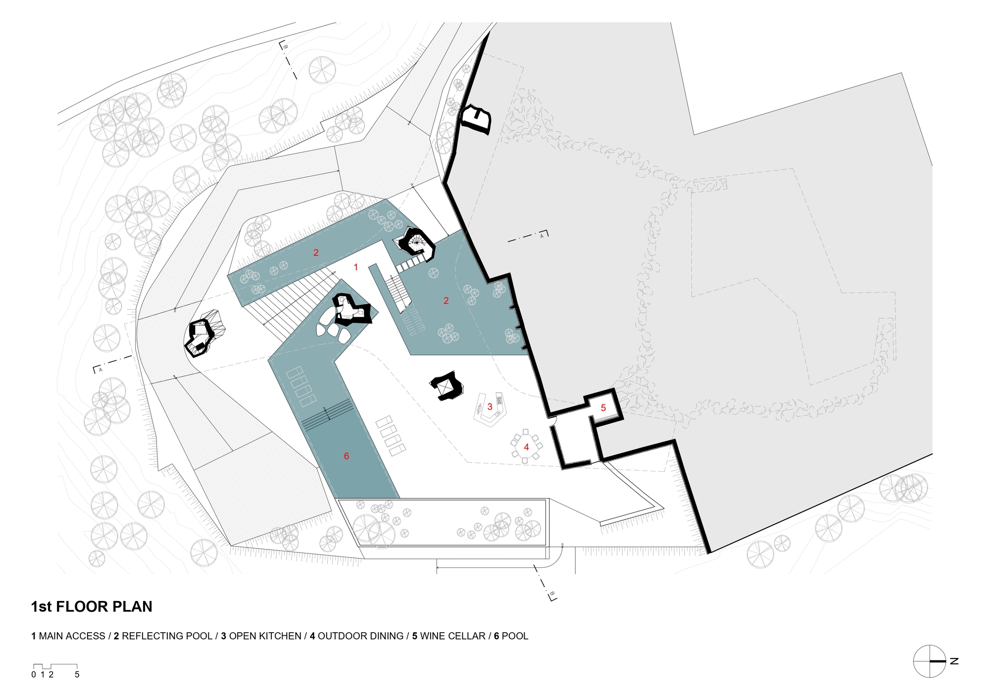First floor plan drawing showing reflecting pools, pool, open kitchen, outdoor dining and wine cellar around a central terrace with scattered trees