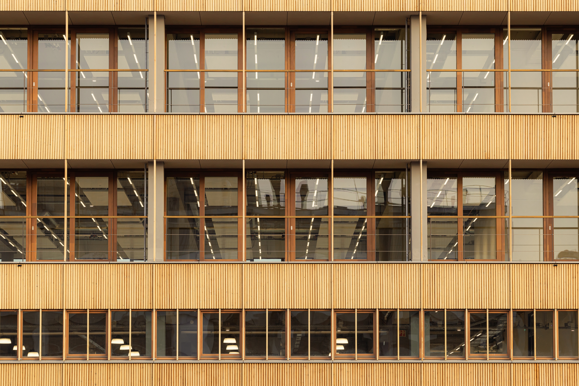 Straight-on view of the vertical timber slat facade with grey columns and framed windows, ceiling lights glowing through the glass of each floor
