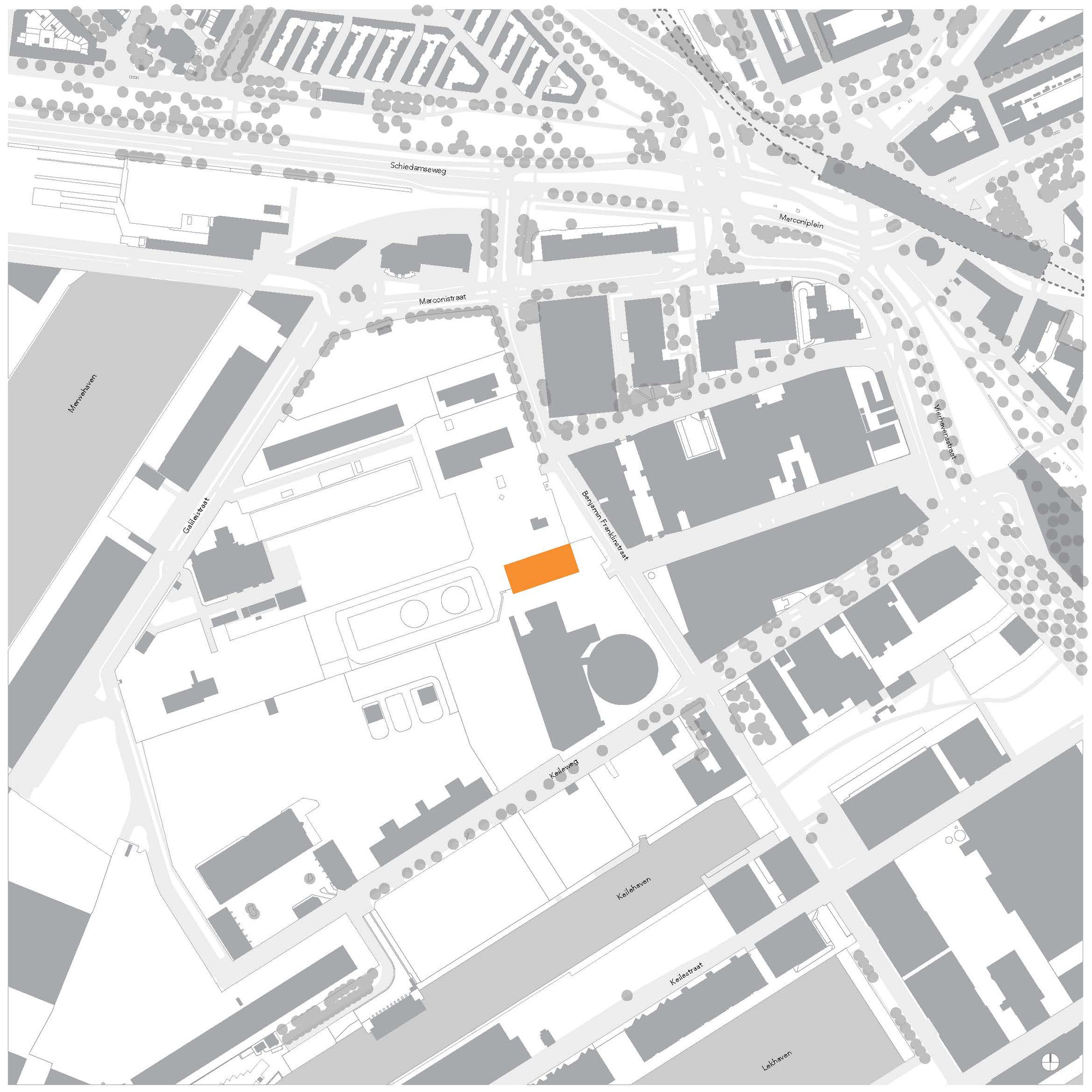 Site plan drawing of an urban district with the building footprint marked in orange among grey blocks, streets, canals and trees
