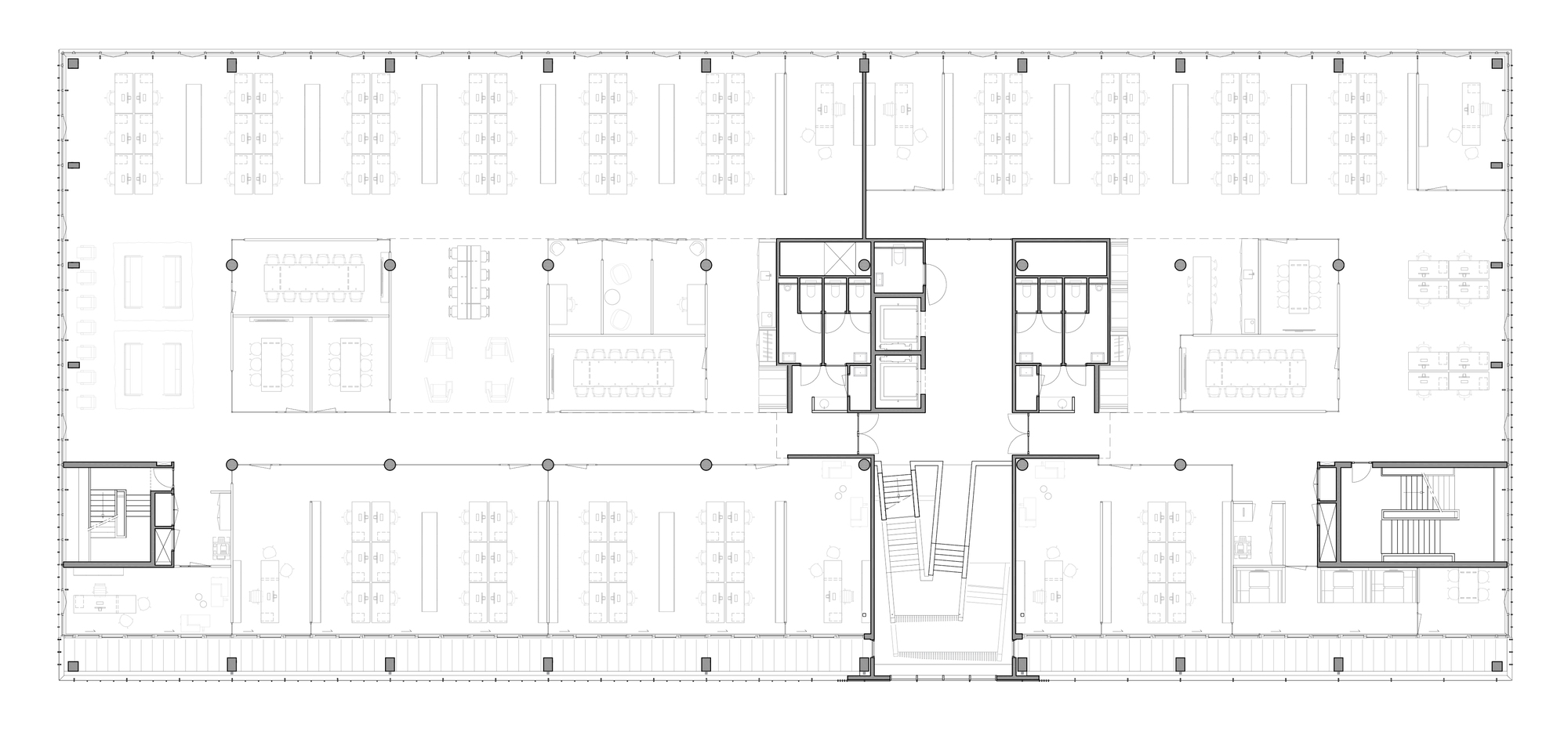 Floor plan drawing of an office level with desk clusters, meeting rooms and a central core flanked by stairs