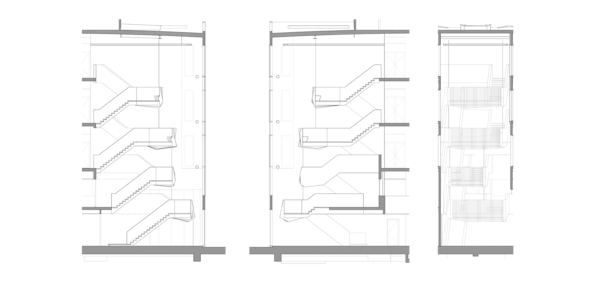 Three section drawings of the zigzagging stair, showing stacked flights and landings across four floors
