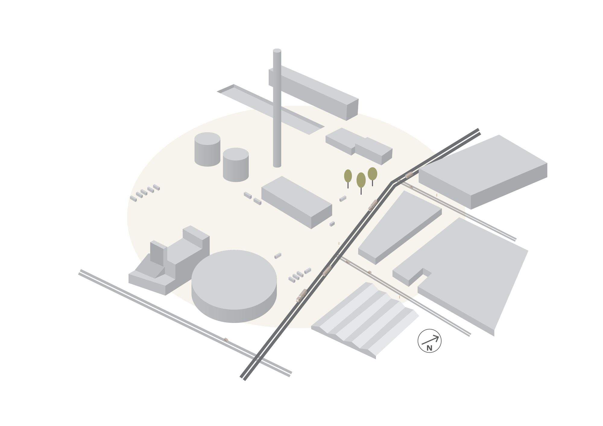 Isometric site diagram of the existing industrial area with a tall chimney, round tanks, a rail line and a few trees