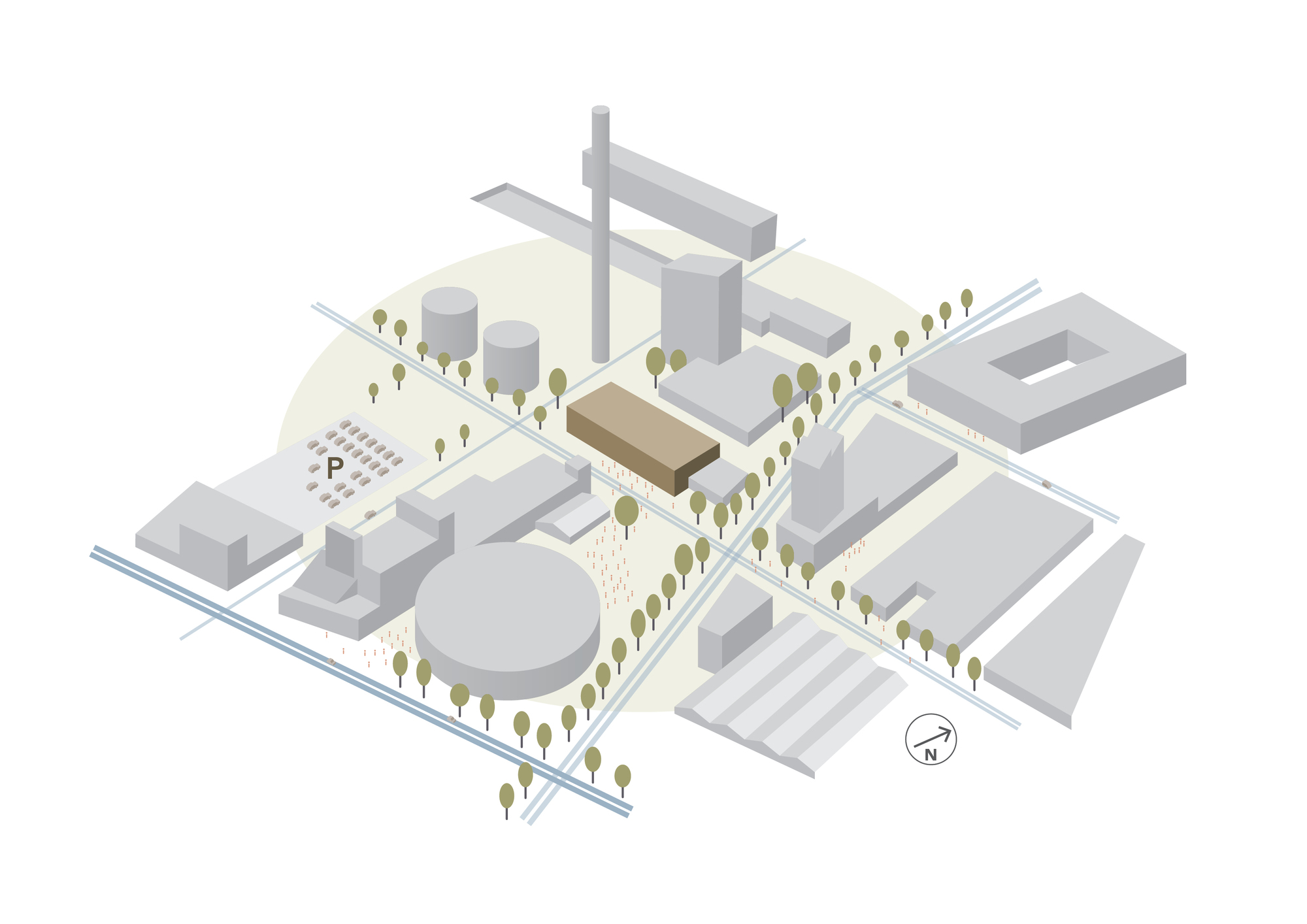 Isometric site diagram with the new brown volume among surrounding blocks, tree-lined streets, a parking lot and a tall chimney