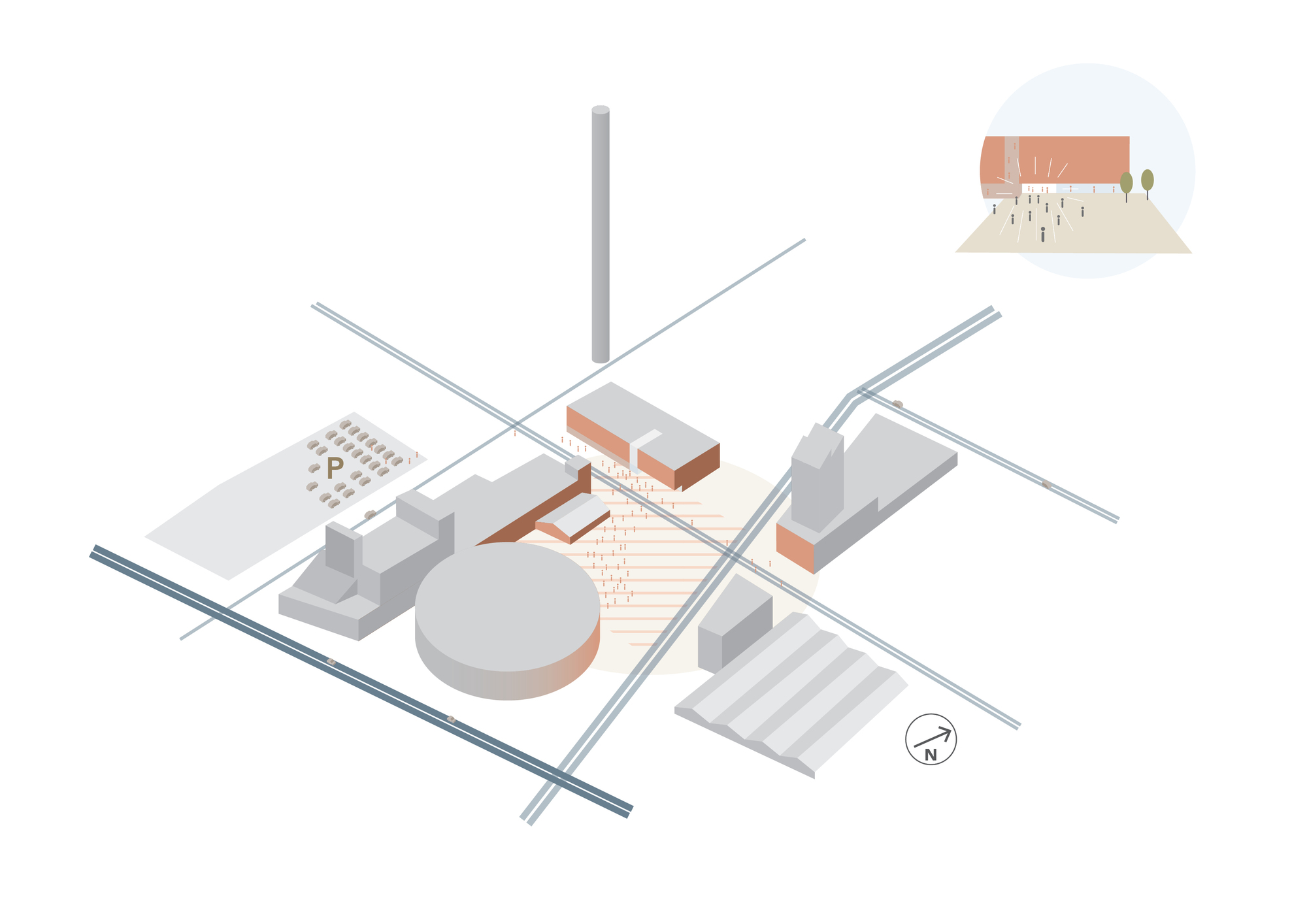 Axonometric site diagram showing a red-toned building among grey industrial volumes, a tall chimney, a parking lot and crossing rail lines