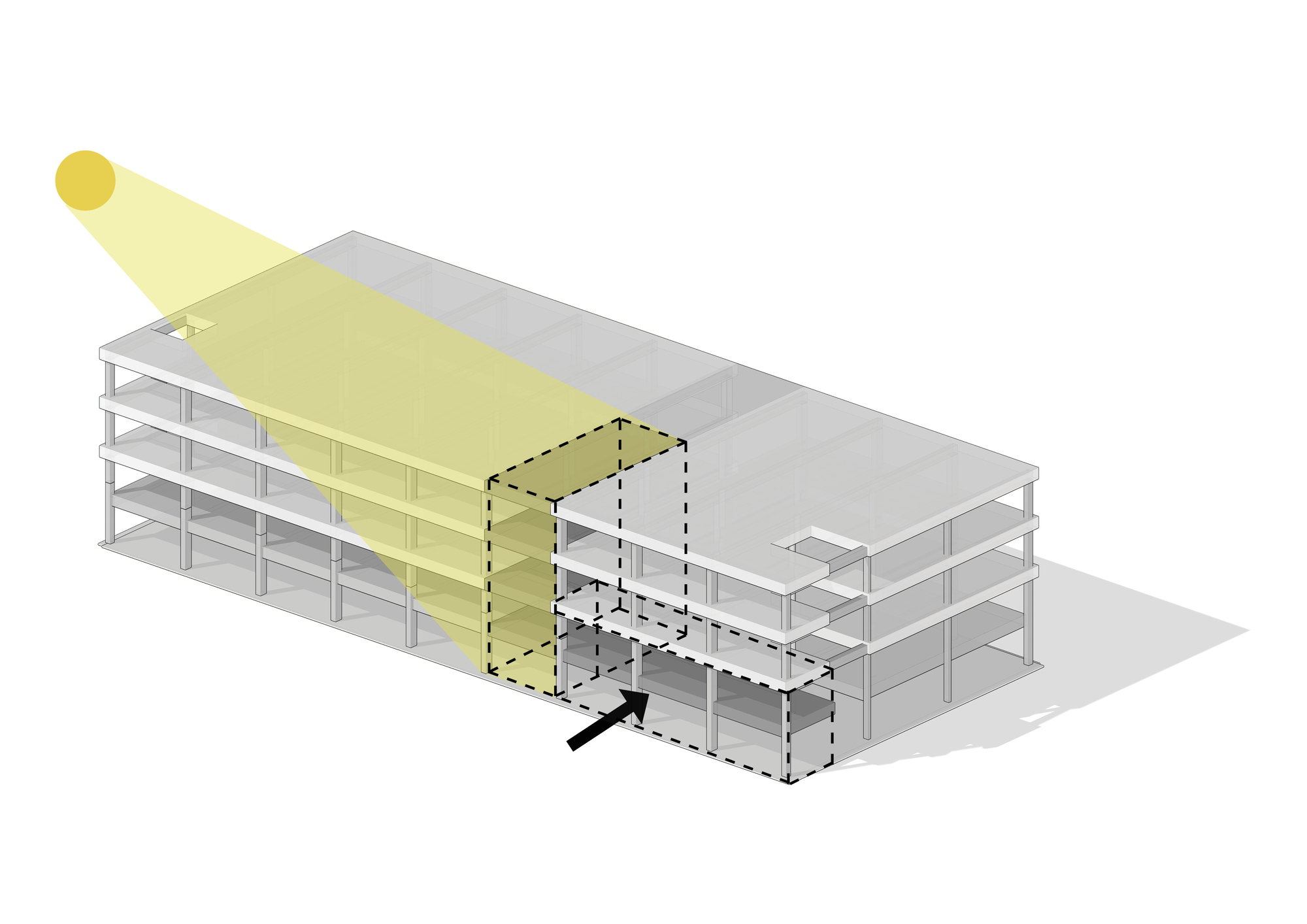 Axonometric diagram of a multistorey concrete frame with a sun ray lighting an opened bay and an arrow marking an entry