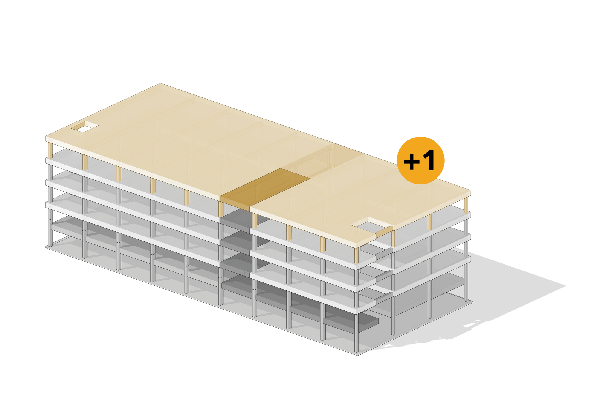 Axonometric diagram of the same concrete frame topped with a timber storey, marked +1, above a darker infill bay