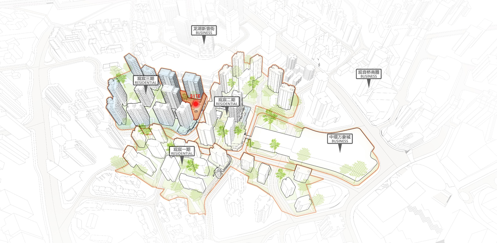 Axonometric site diagram of residential towers and a commercial block, with one tower plot marked in red among green courtyards