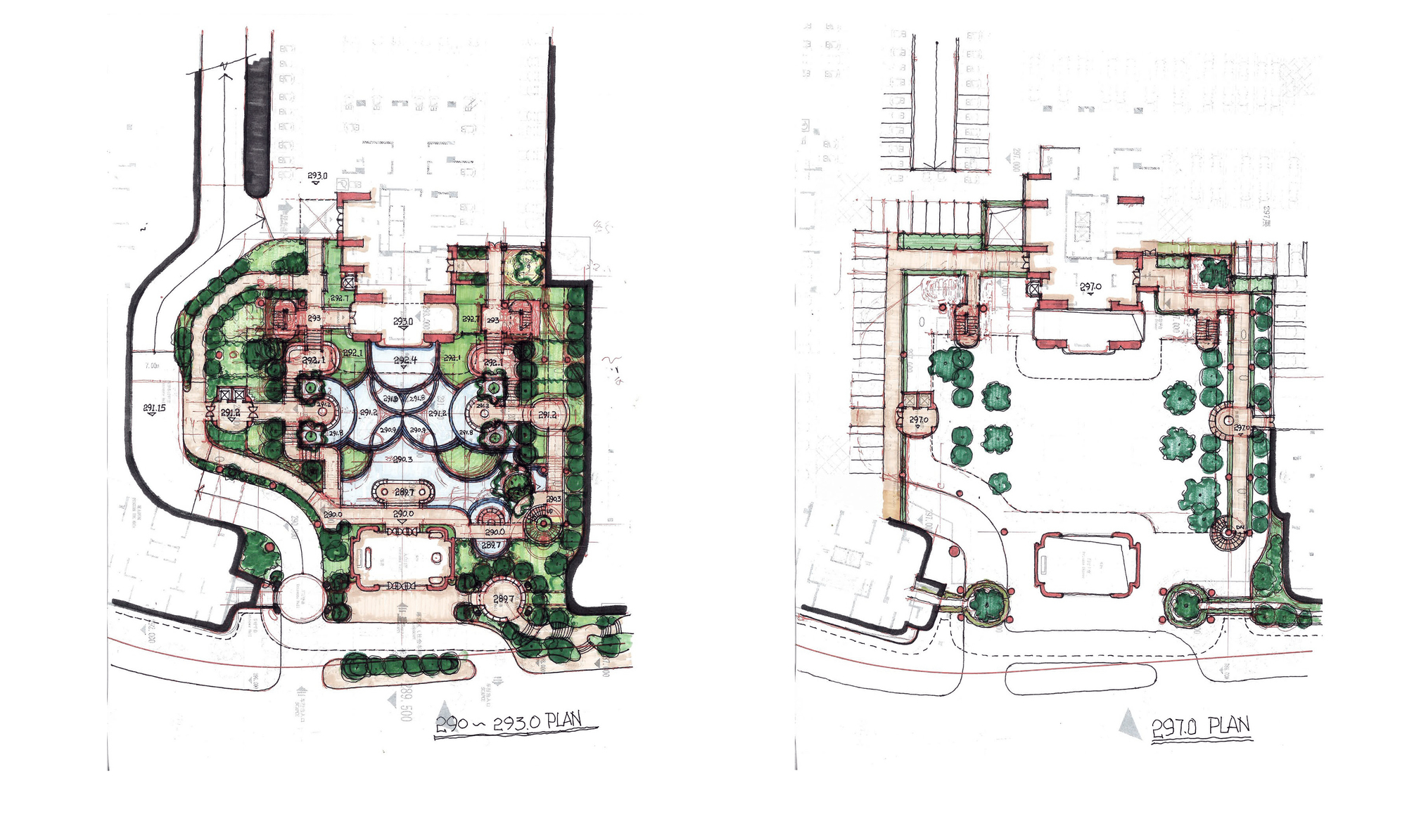 Two hand-colored landscape plan sketches comparing entrance garden layouts at different levels, with paths, planting and circular pavilions