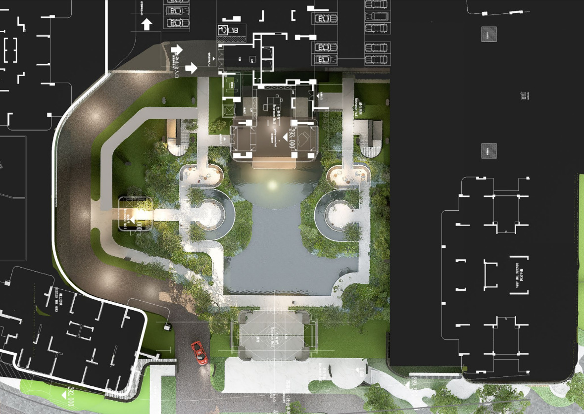 Top-down landscape plan rendering of a reflecting pool, curved paths and round pavilions at dusk, with a red car on the driveway