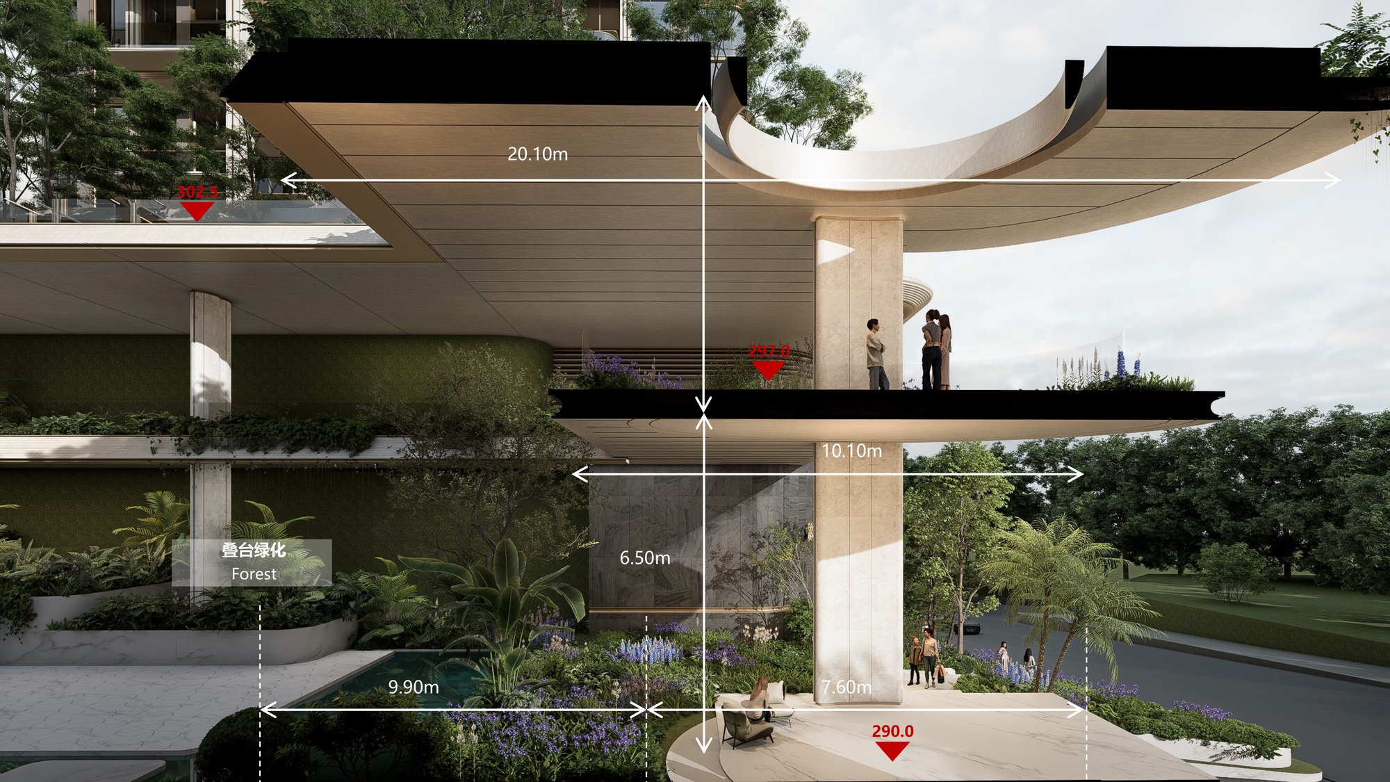 Section view of stacked terraces with cantilevered slabs, a round column and dimension lines, planted beds and people on the upper deck