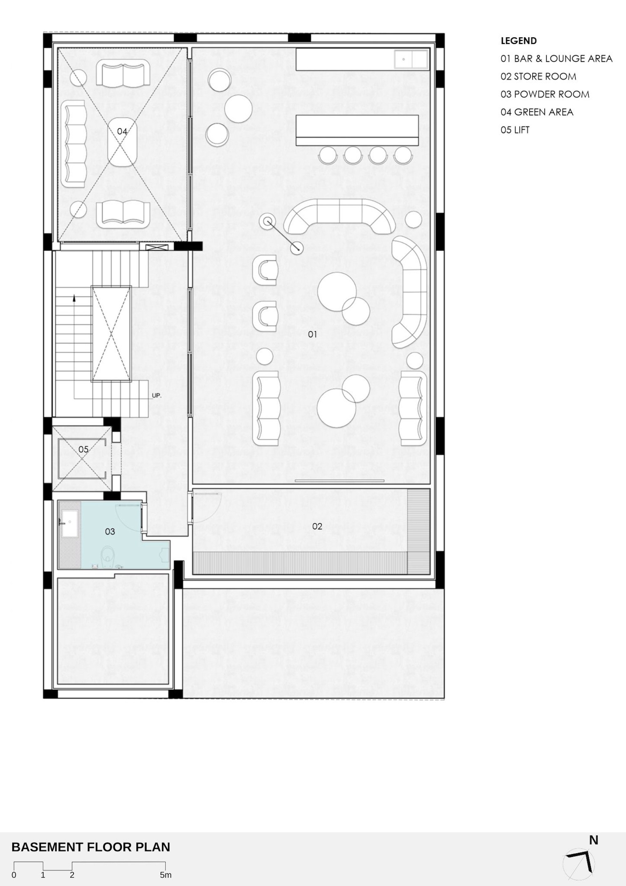 Basement floor plan drawing showing a bar and lounge area, store room, powder room, lift and a green courtyard cutout