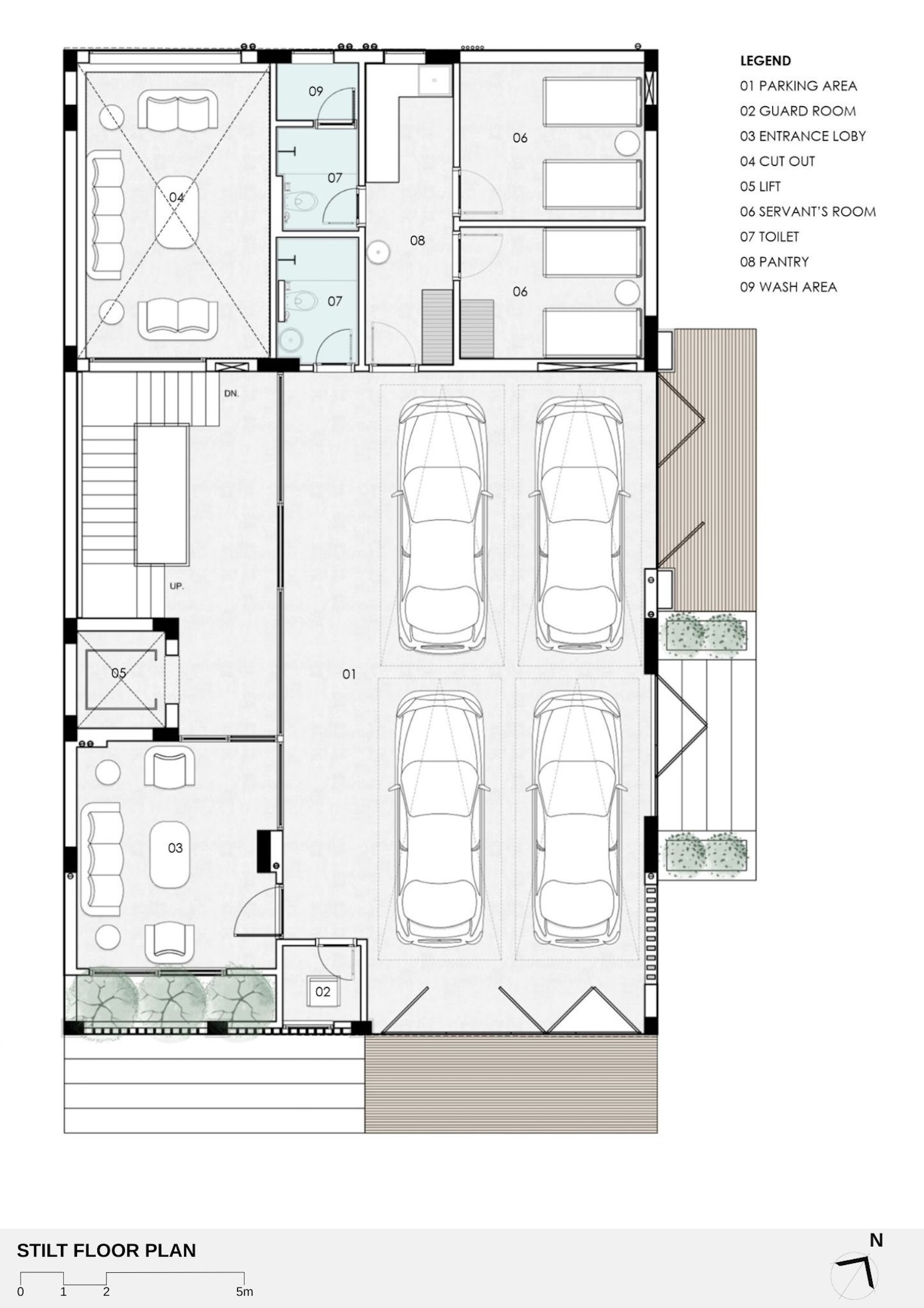 Stilt floor plan drawing showing four parking bays, an entrance lobby, servant's rooms, toilets, pantry, lift and a cutout void