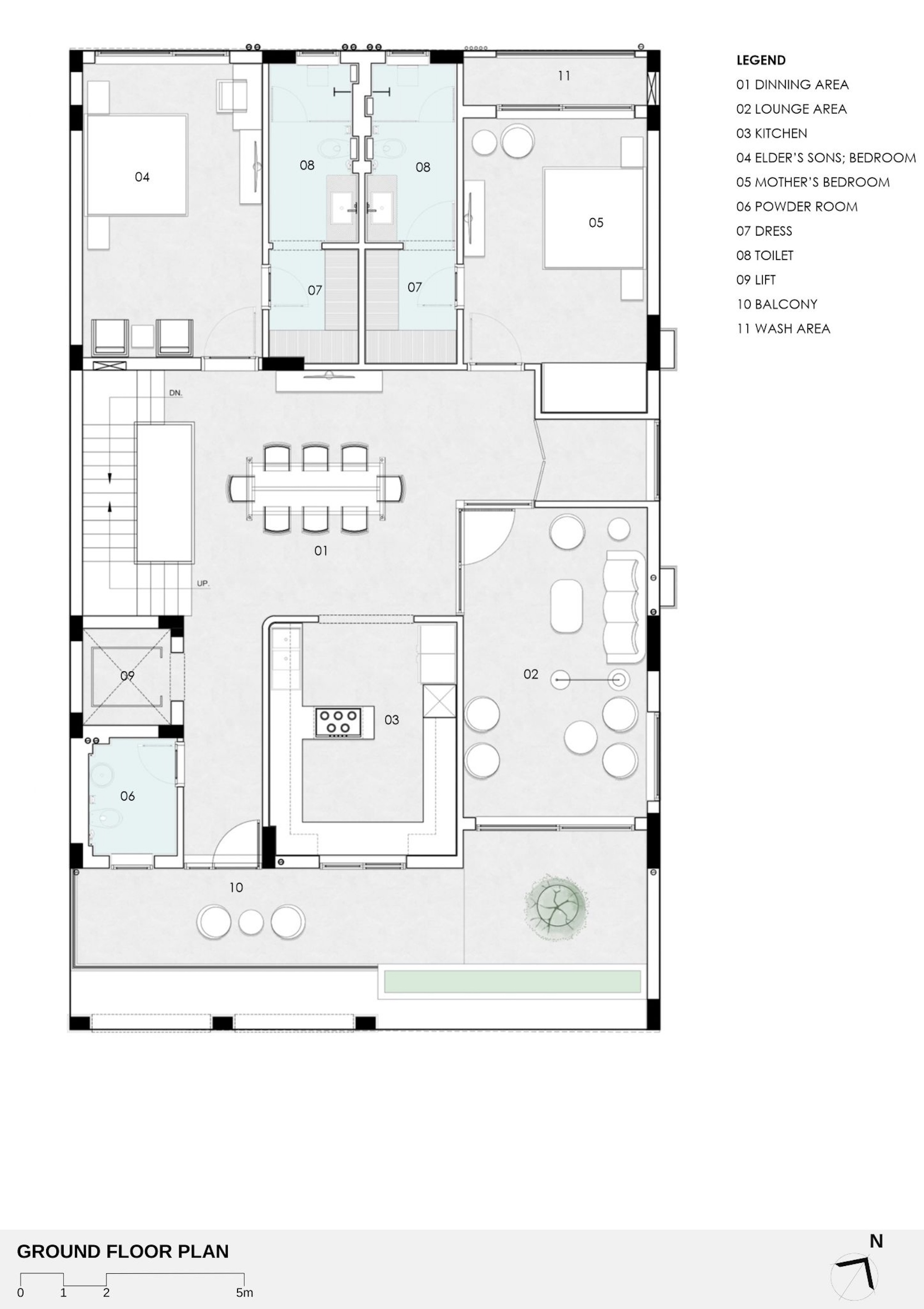 Ground floor plan drawing showing dining, lounge and kitchen areas, two bedrooms with dress and toilet rooms, a balcony and a lift
