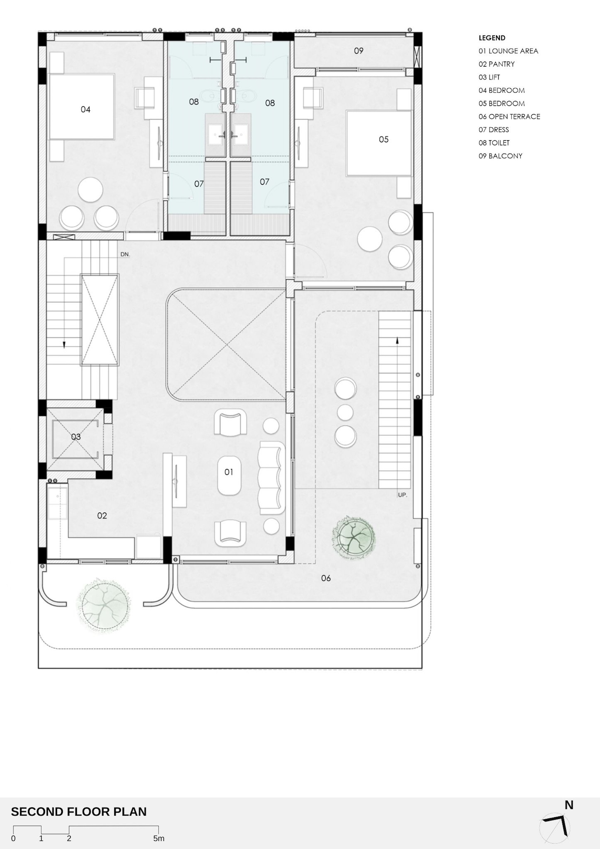 Second floor plan drawing showing a central lounge, two bedrooms with paired dressing and toilet cores, a pantry, lift and open terrace with trees