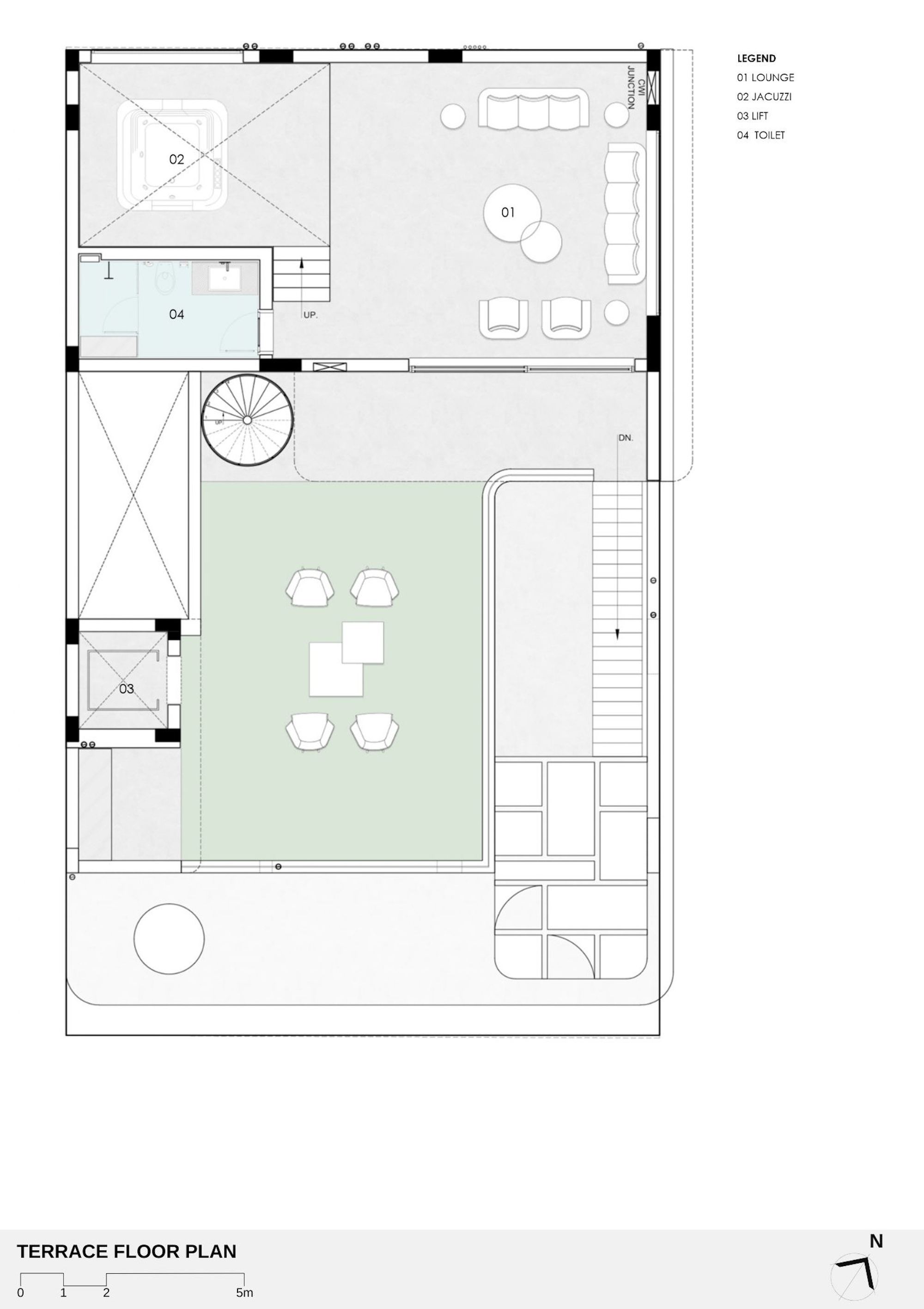 Terrace floor plan drawing showing a lounge, jacuzzi, toilet, lift, spiral stair and a green lawn area with four chairs