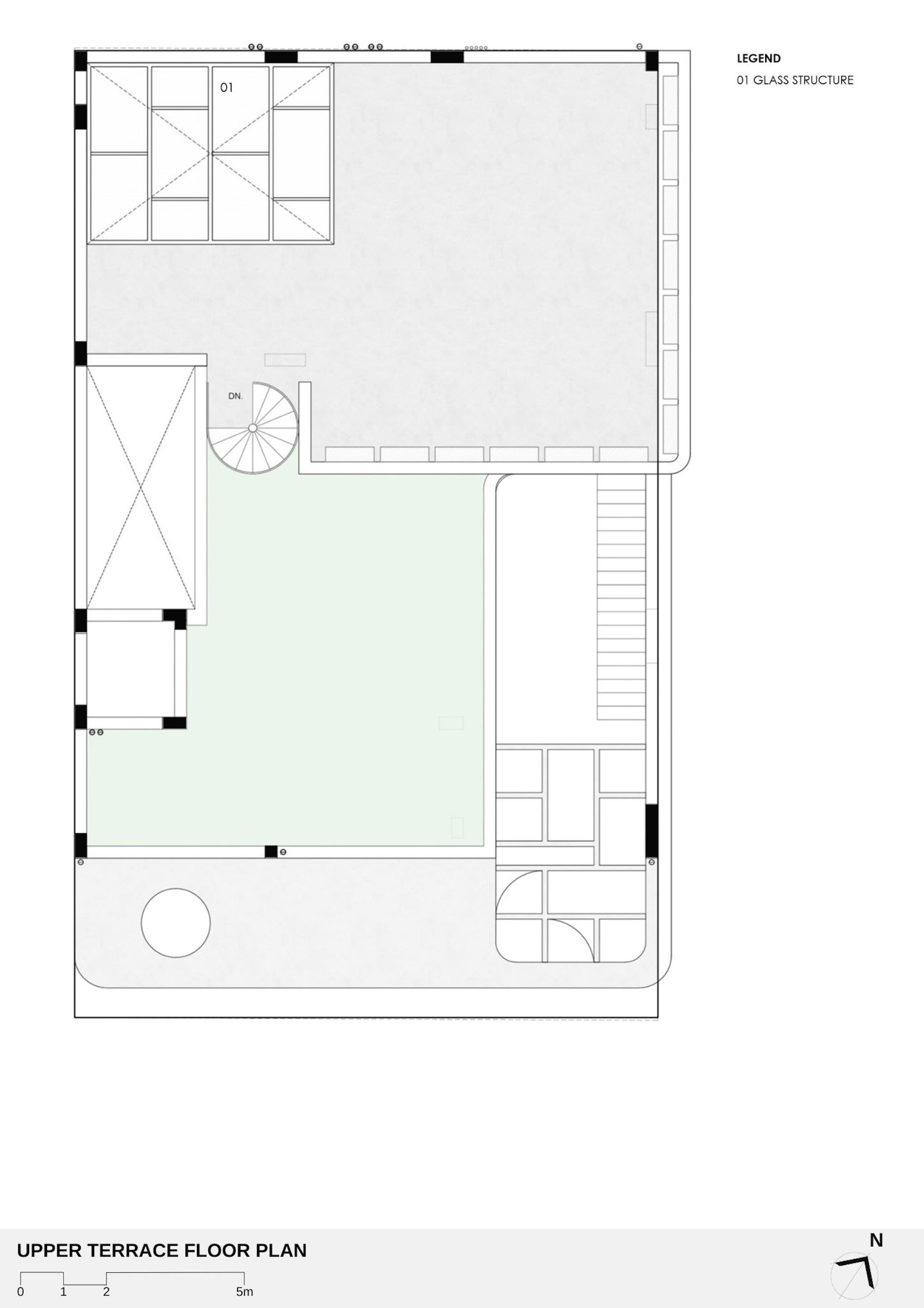 Upper terrace floor plan drawing showing a glass structure, spiral stair, green planted area, lift core and a circular feature on the roof