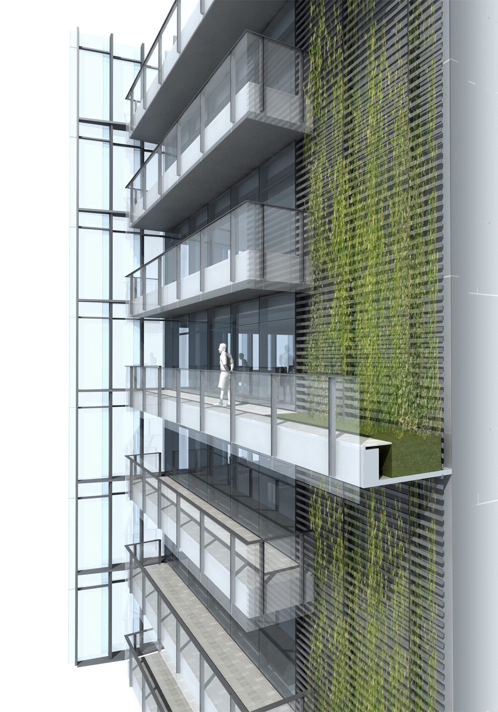 Rendering of stacked balconies with glass railings beside a vertical green screen of climbing plants and a figure standing on one level