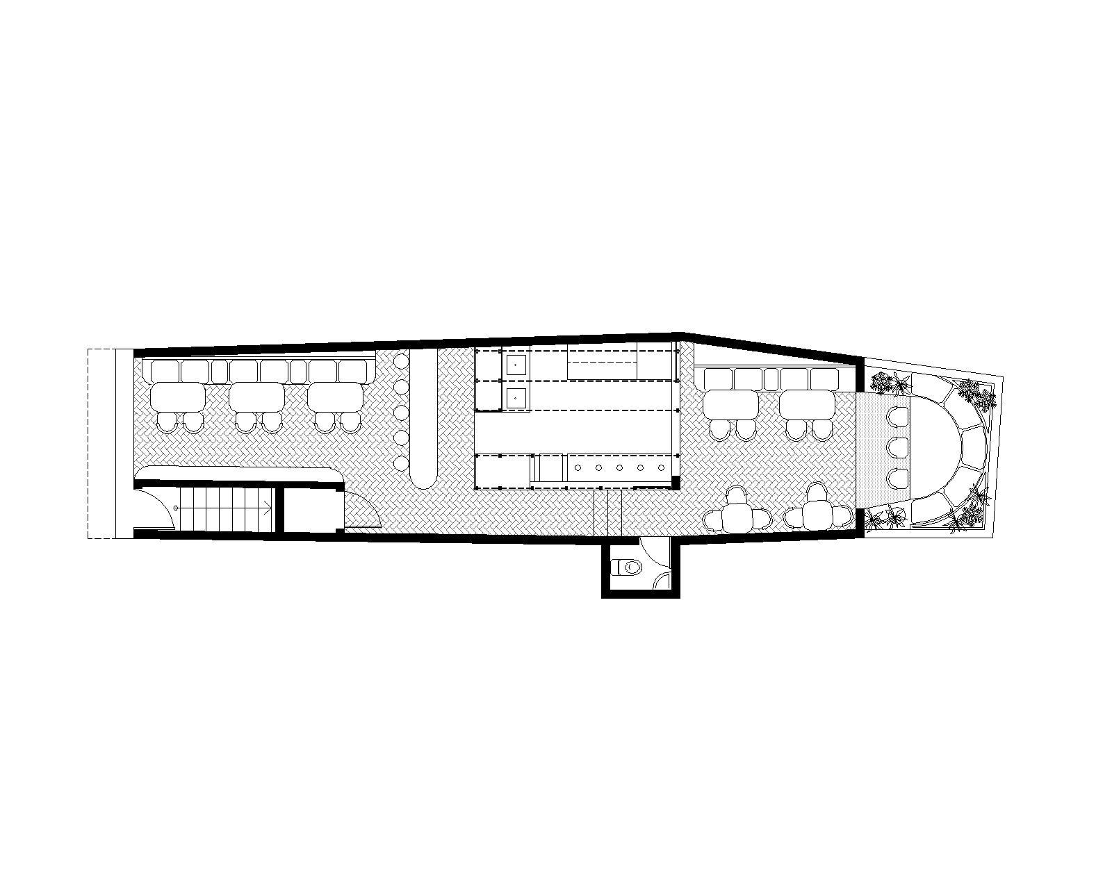 Floor plan drawing of a long narrow restaurant with tables, a central kitchen counter, a stair and a planted terrace at one end