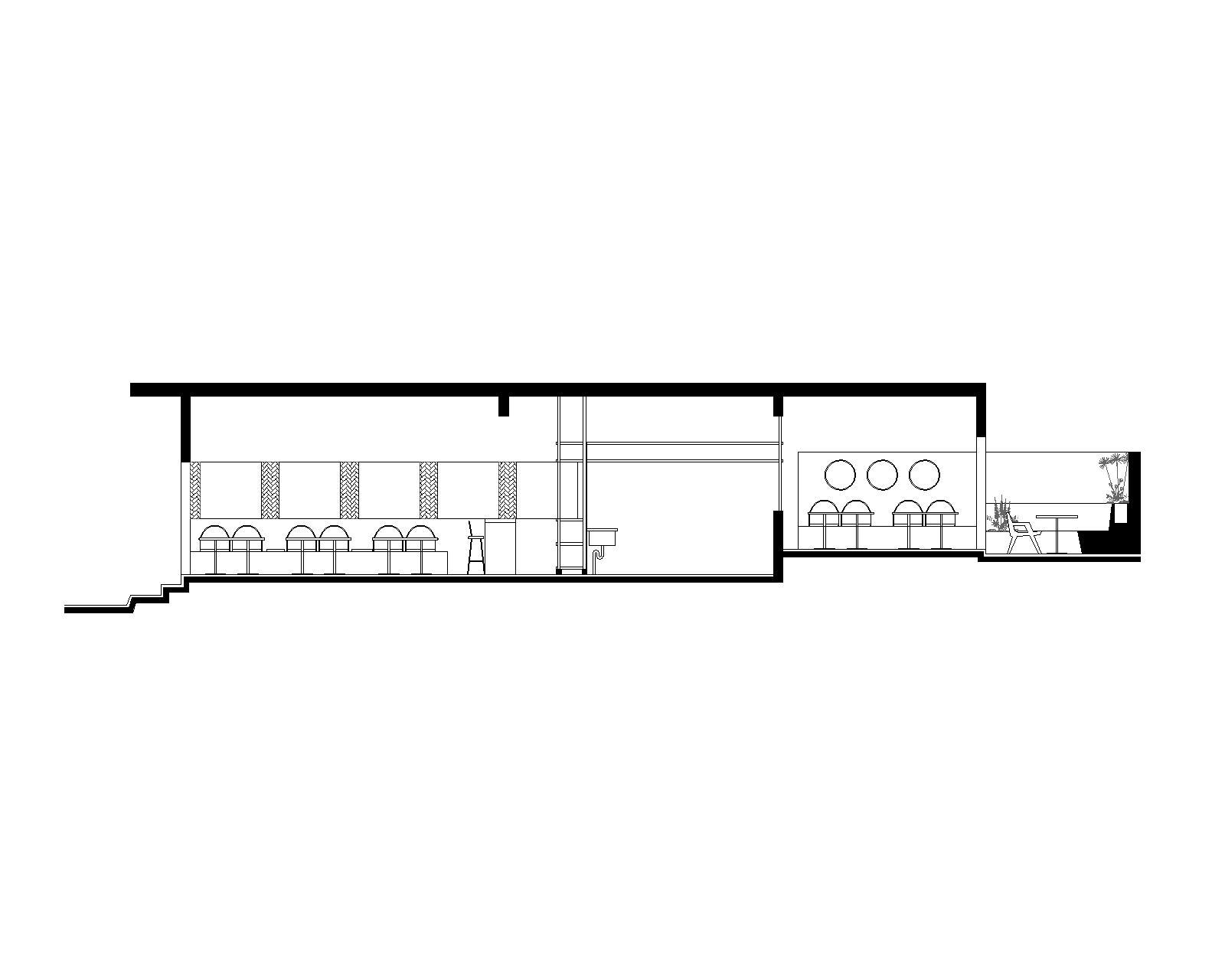 Longitudinal section drawing showing rows of arched-back tables, a ladder beside the kitchen, round wall openings and a terrace with plants