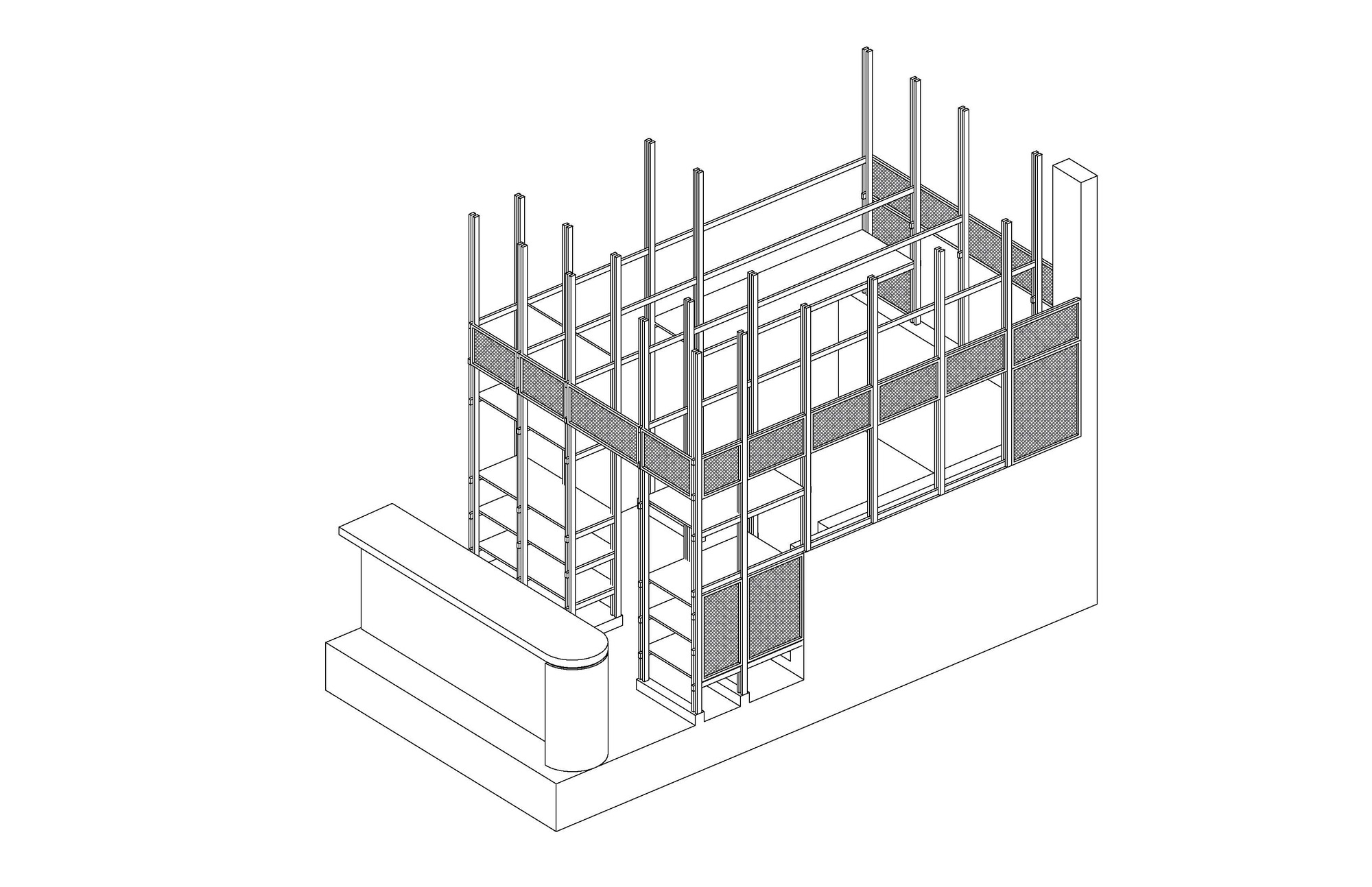 Axonometric drawing of a slender steel frame with mesh panels rising behind a rounded-end counter on a solid base