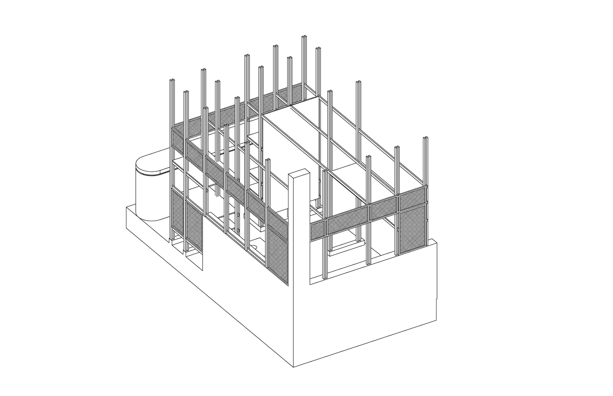 Isometric drawing of the same steel post frame with mesh infill panels, seen from the opposite side above a solid masonry base