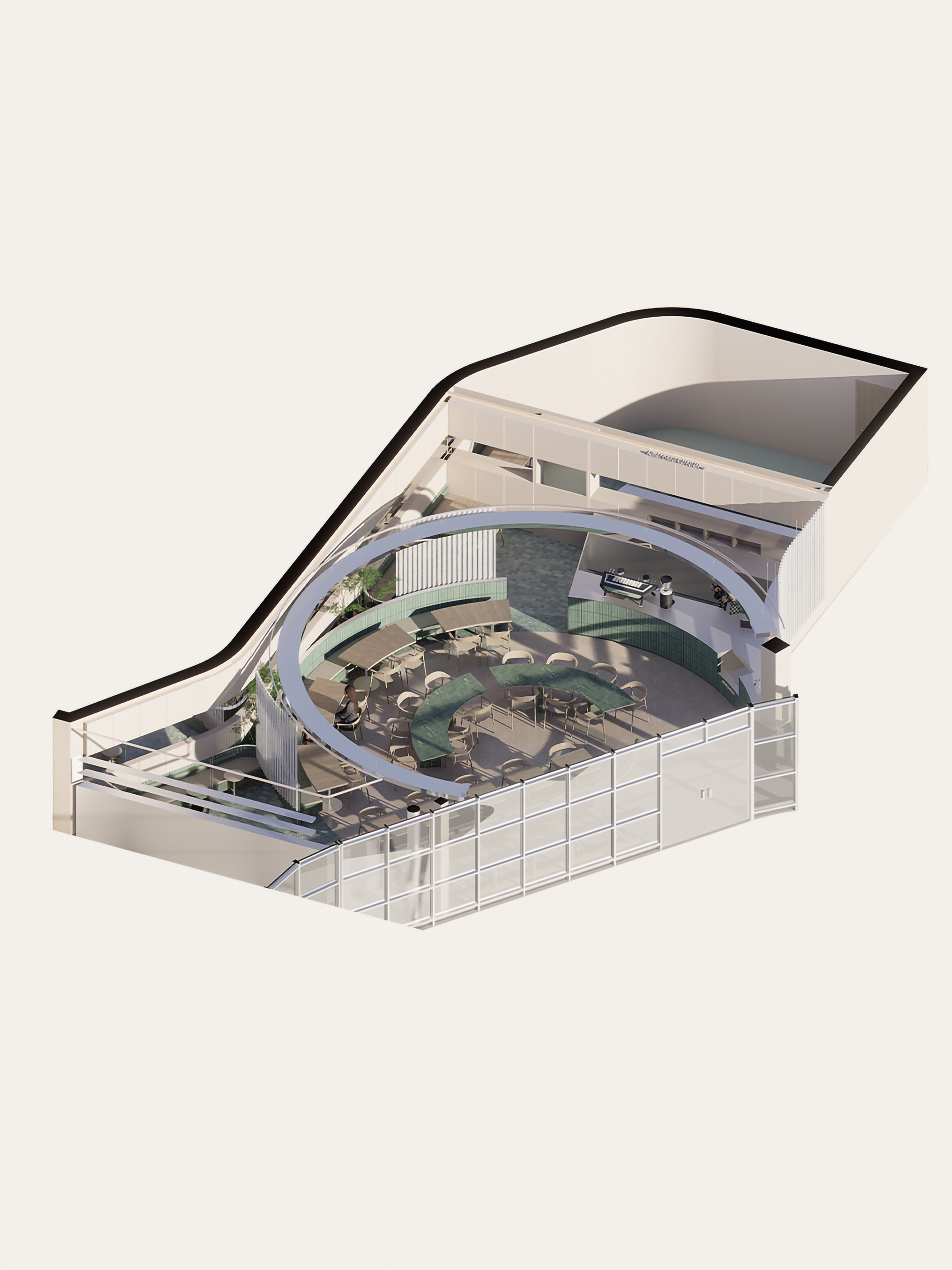 Cutaway axonometric drawing of a café floor with a circular ring canopy over curved green banquettes, tables and a service counter