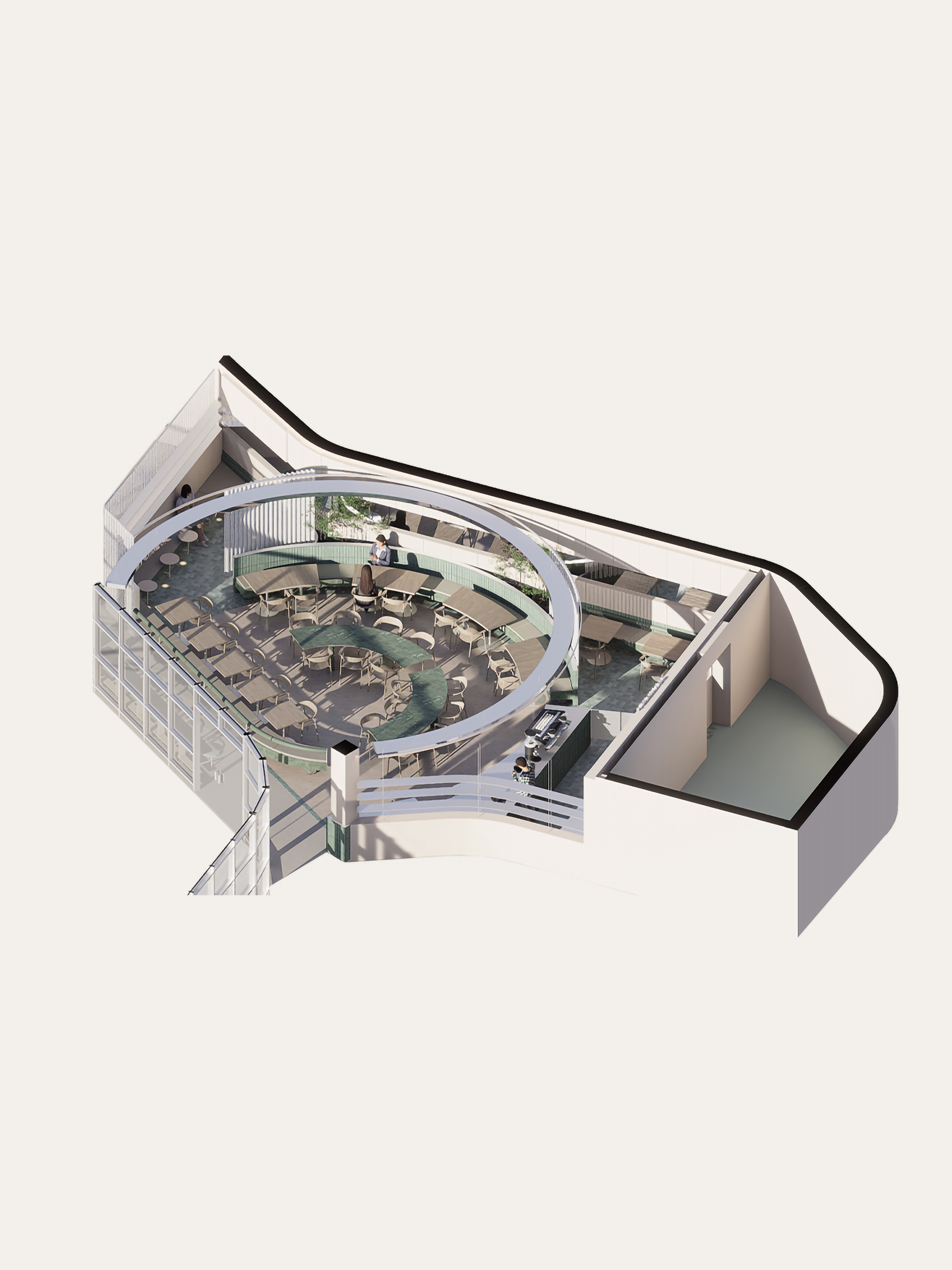 Cutaway axonometric drawing from the opposite side showing the ring canopy above café seating, a balcony rail and a walled side room
