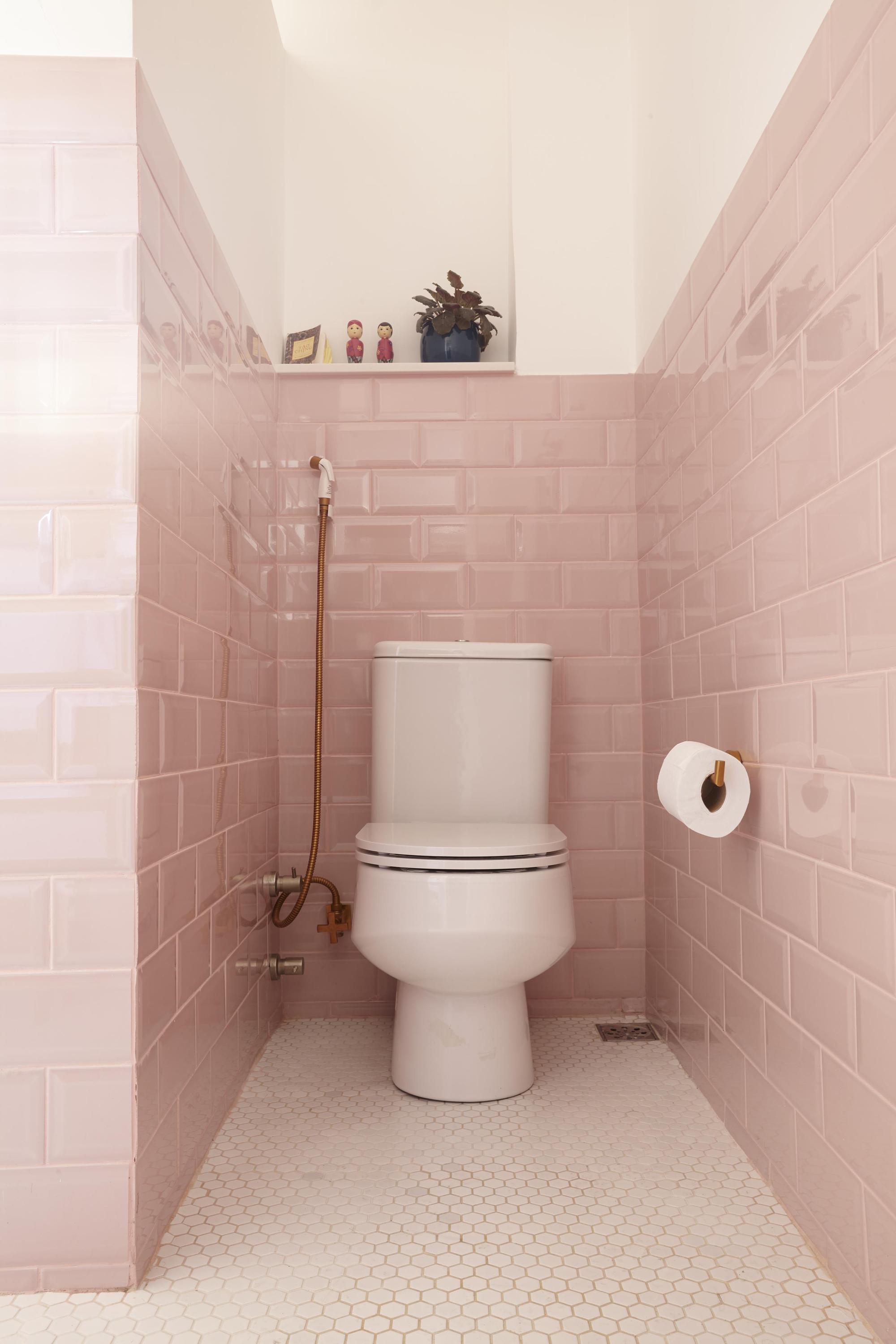 Compact toilet alcove clad in glossy pink tile, with a brass hand spray and a small shelf of figurines and a plant