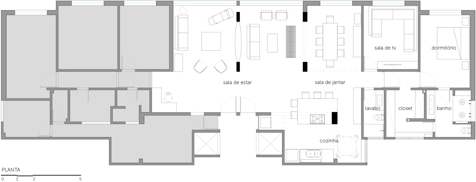 Floor plan drawing of an apartment with open living and dining rooms, central kitchen, and bedroom, closet and bath on the right
