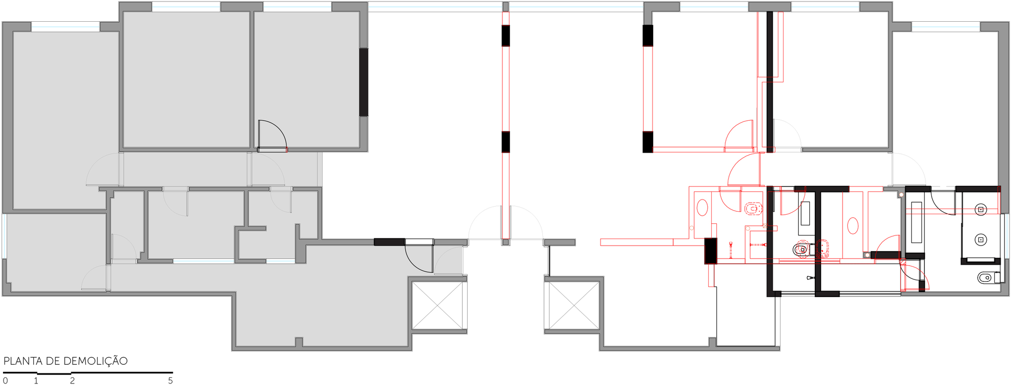 Demolition plan drawing of the apartment, with walls to be removed marked in red and retained walls in black