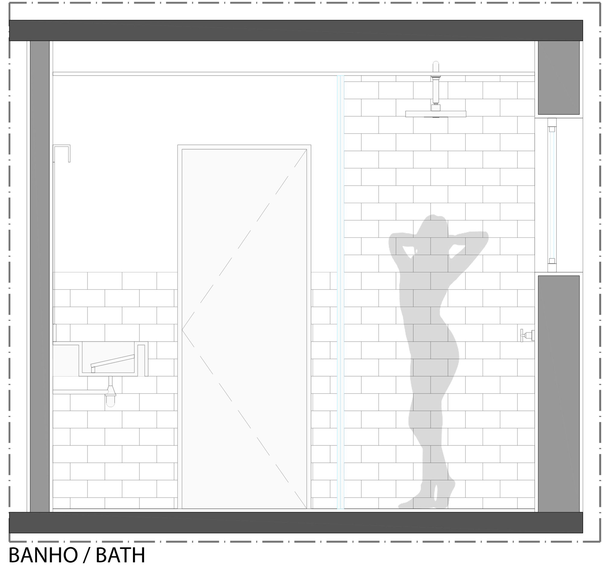 Section drawing of the bathroom showing tiled walls, a door, a sink and a figure standing under the shower head