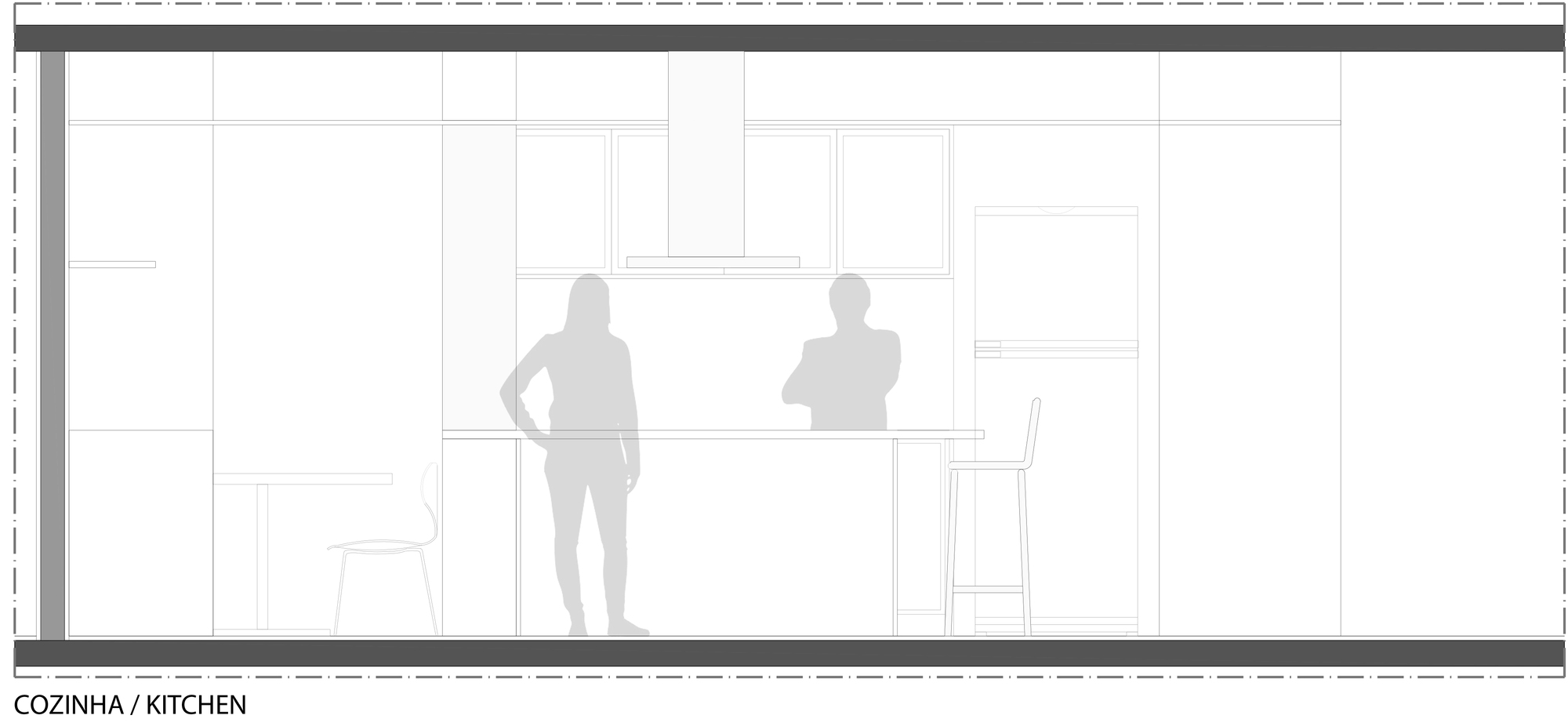 Section drawing of the kitchen showing tall cabinetry, a range hood, a central island with stool and two standing figures