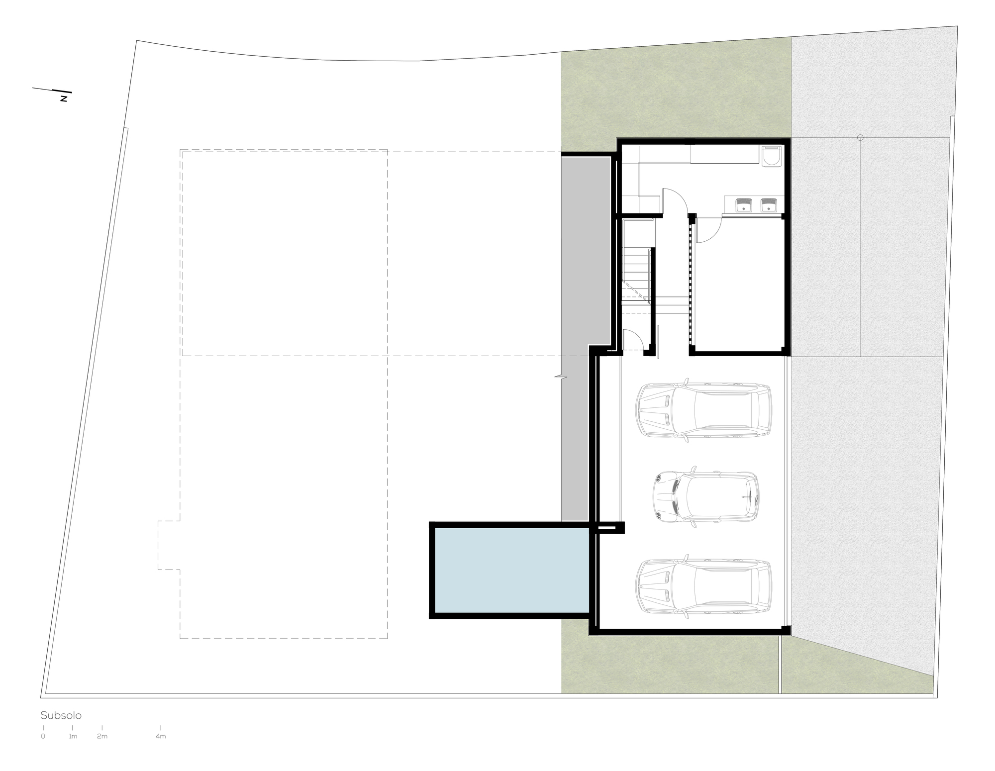 Basement floor plan drawing showing a three-car garage, stair, service rooms and a small pool outline beside the site boundary
