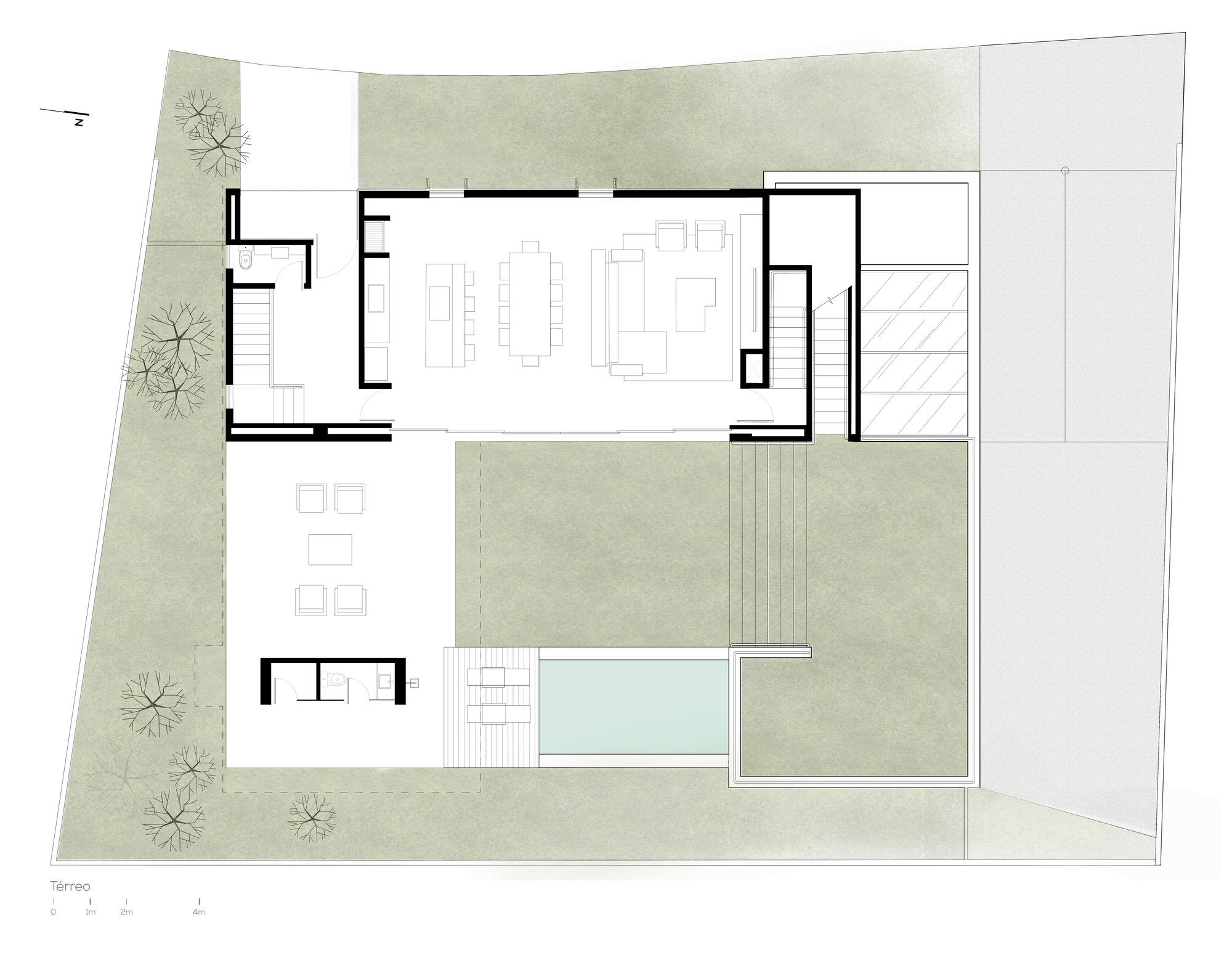 Ground floor plan drawing showing an open living and dining hall, a terrace with a small service block, a lawn and a lap pool