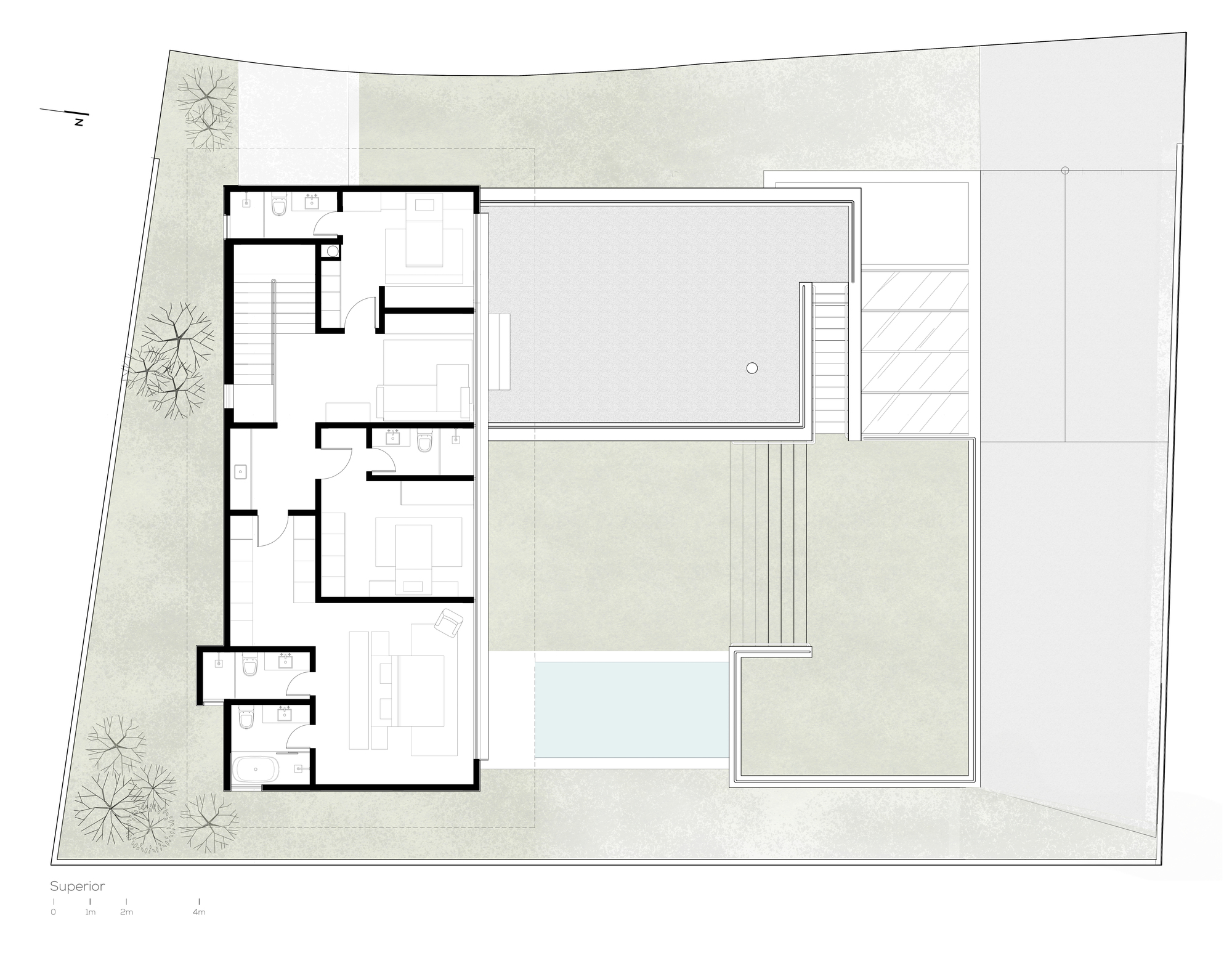 Upper floor plan drawing showing a row of bedrooms with bathrooms along a corridor, beside a roof terrace and the pool below