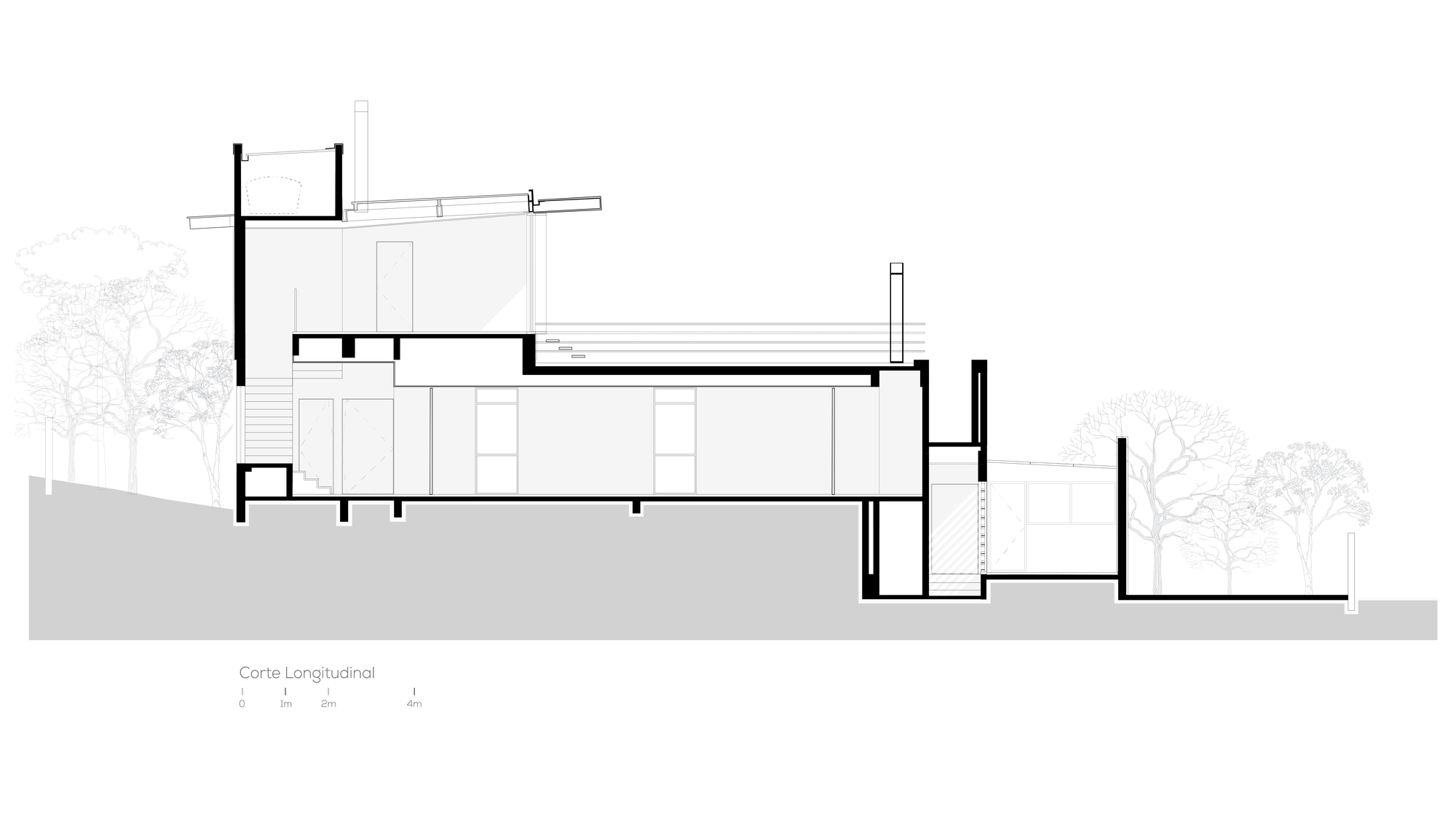 Longitudinal section drawing showing the stepped house volumes on a sloping site, with outlined trees at both ends