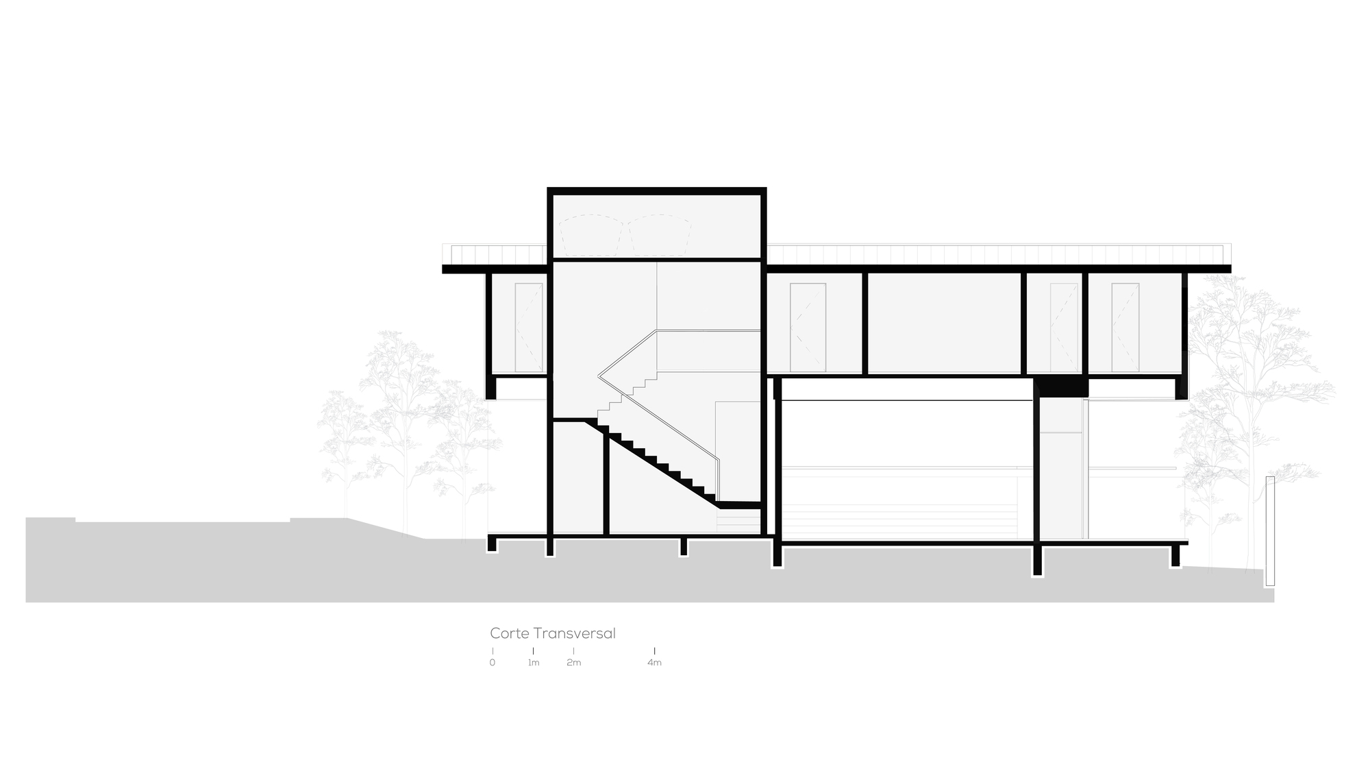 Cross section drawing showing a stair core beside a double-height garage and a thin cantilevered roof slab, with trees at both sides