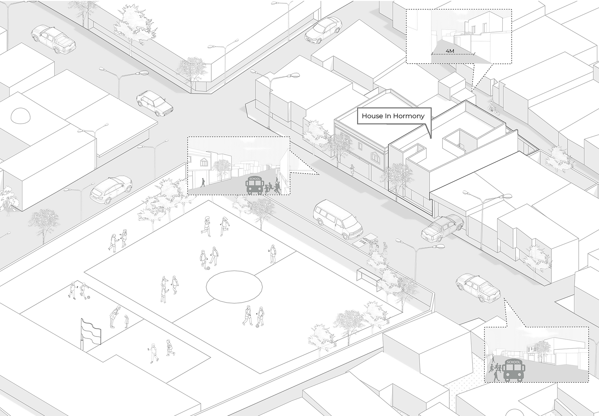 Axonometric drawing of the street block showing the house among neighbours, a school playground, parked cars and small inset views