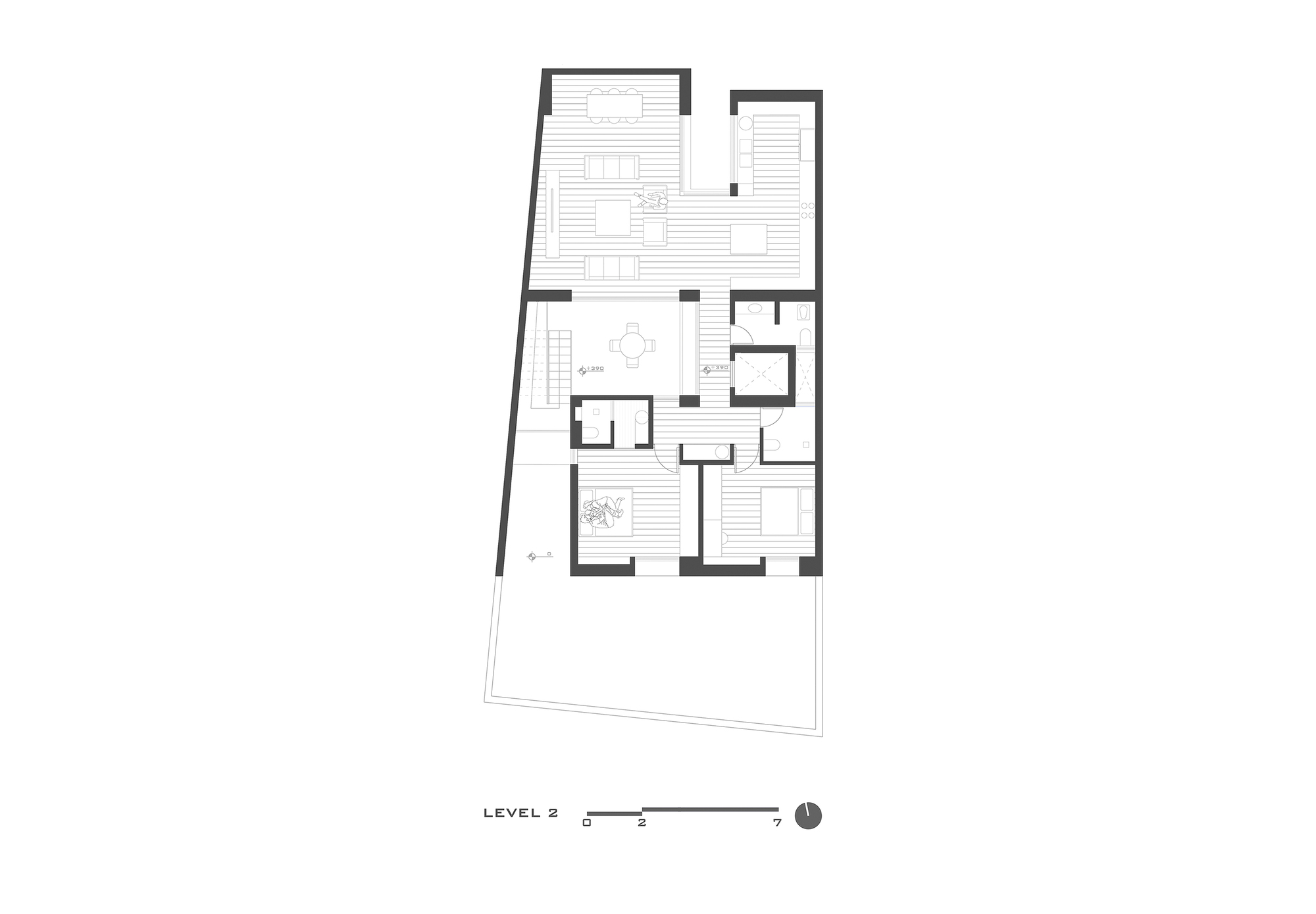 Level 2 floor plan drawing showing a living and dining space, an inner void, bedrooms and bathrooms around a central core