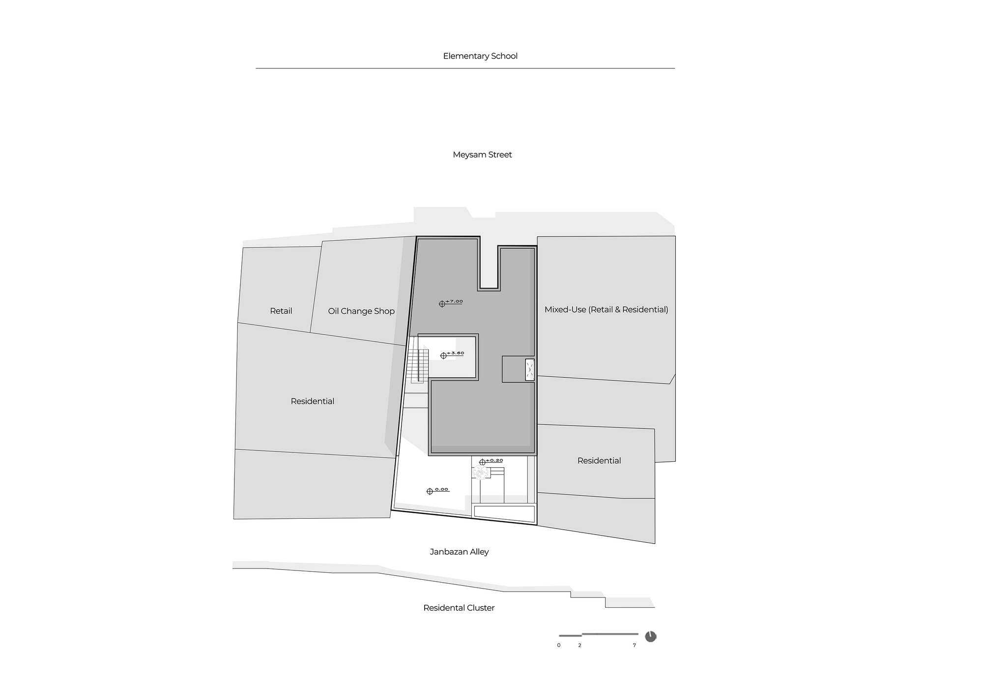 Site plan drawing of the roof footprint, labelling neighbouring retail, residential and mixed-use plots between a street and an alley