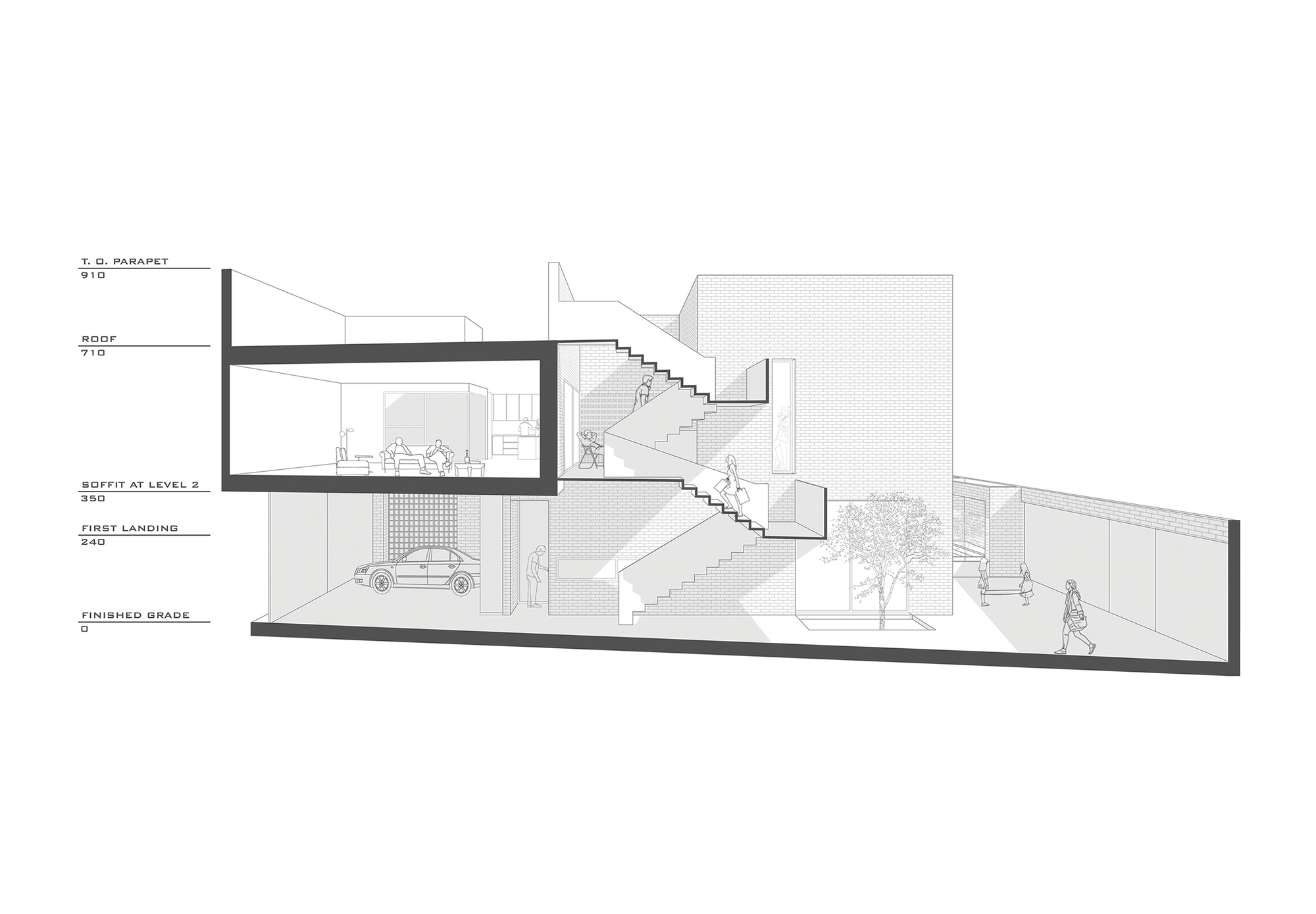 Longitudinal section drawing showing a garage with a parked car, switchback brick stairs, a courtyard tree and a living room above, with people on the steps