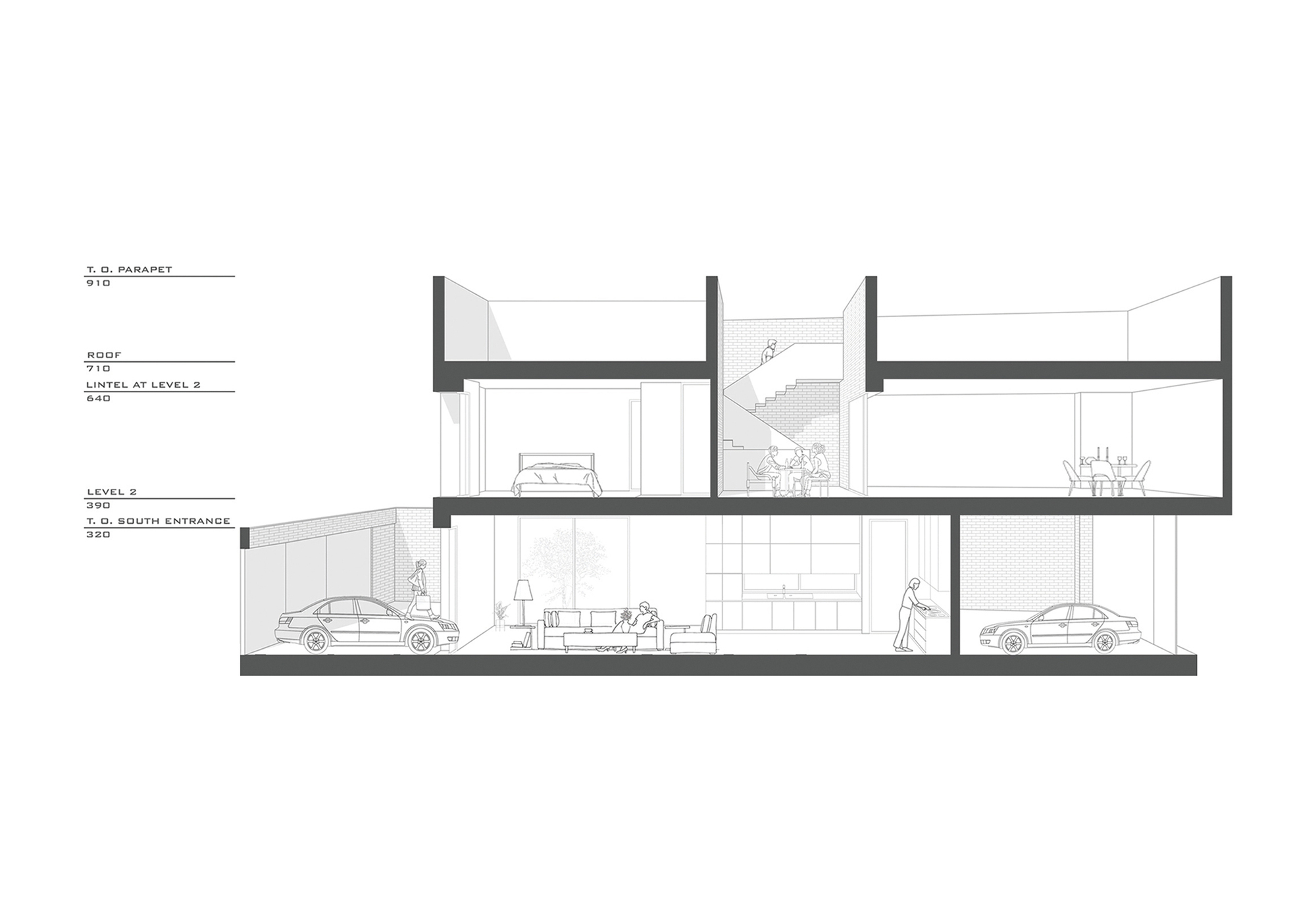 Cross section drawing showing two cars in garages, a ground floor living room, and upper level bedroom and dining spaces around a central stair