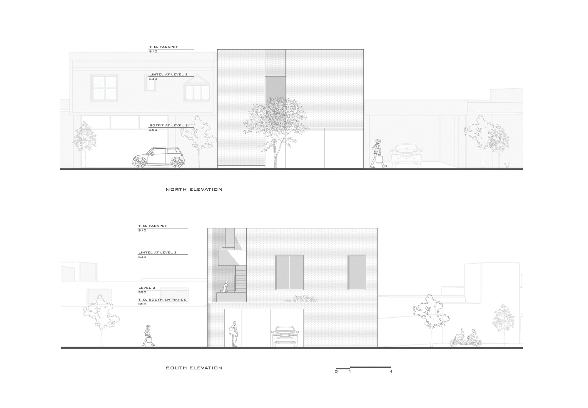 North and south elevation drawings of a brick-clad block with a street tree, a parked car and a pedestrian walking past