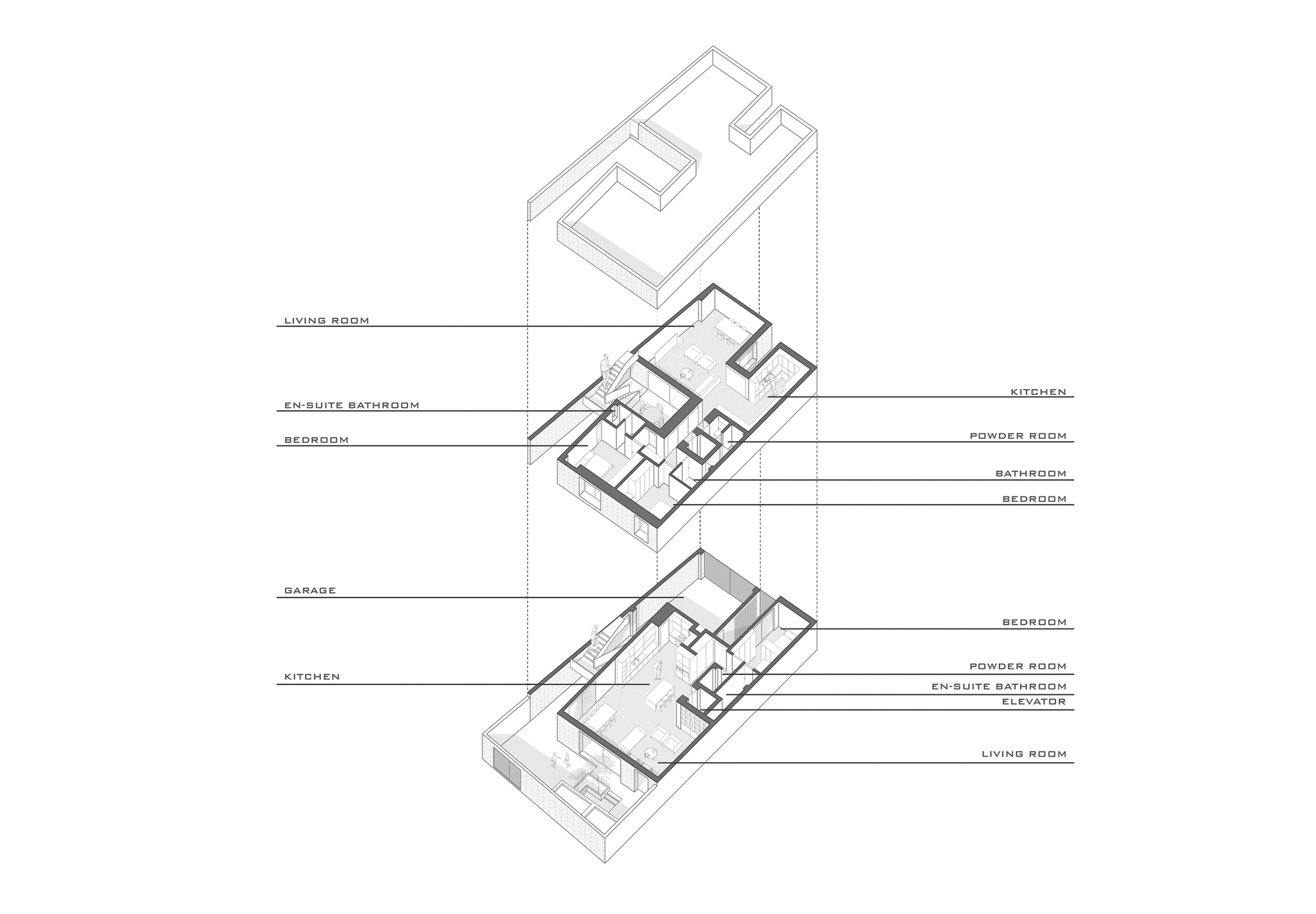 Exploded axonometric drawing separating two floor plates and a roof outline, with labels for bedrooms, kitchens, living rooms and bathrooms
