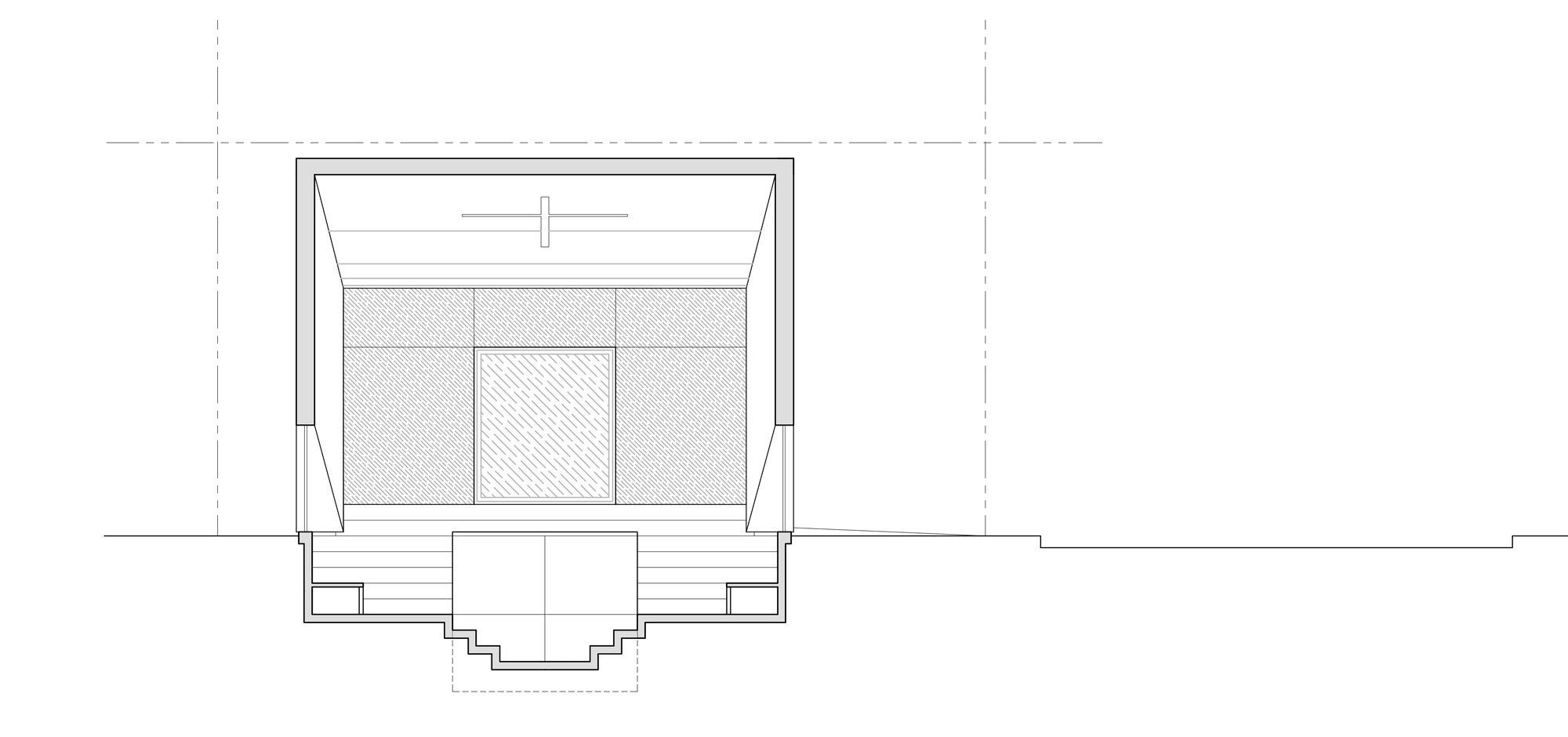 Elevation drawing of the front facade showing a tall square opening, a cross above it, and a stepped entrance platform below
