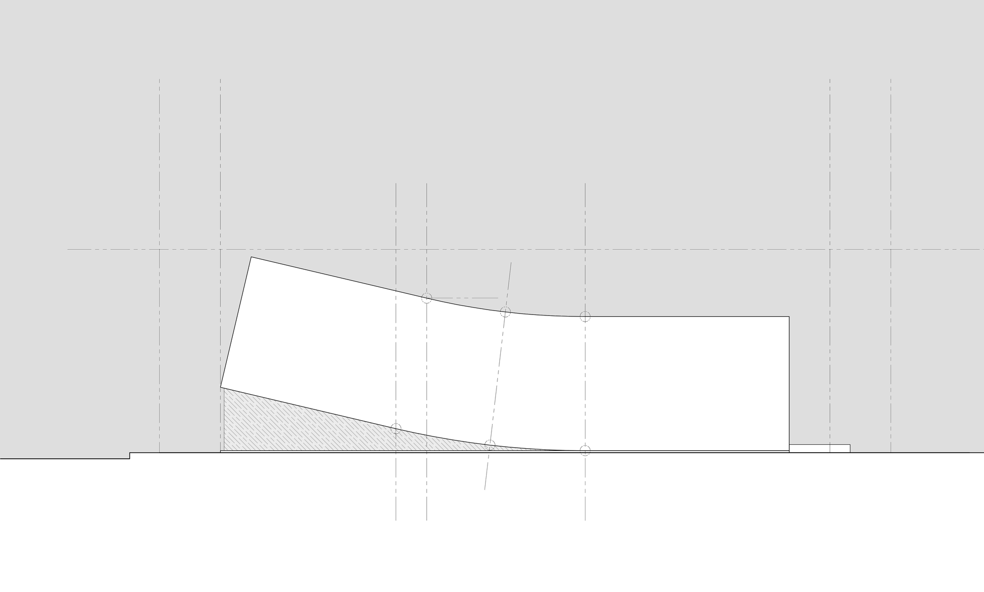Elevation drawing of a rectangular volume bending upward and tilting at one end, with a hatched wedge beneath and dashed grid lines behind