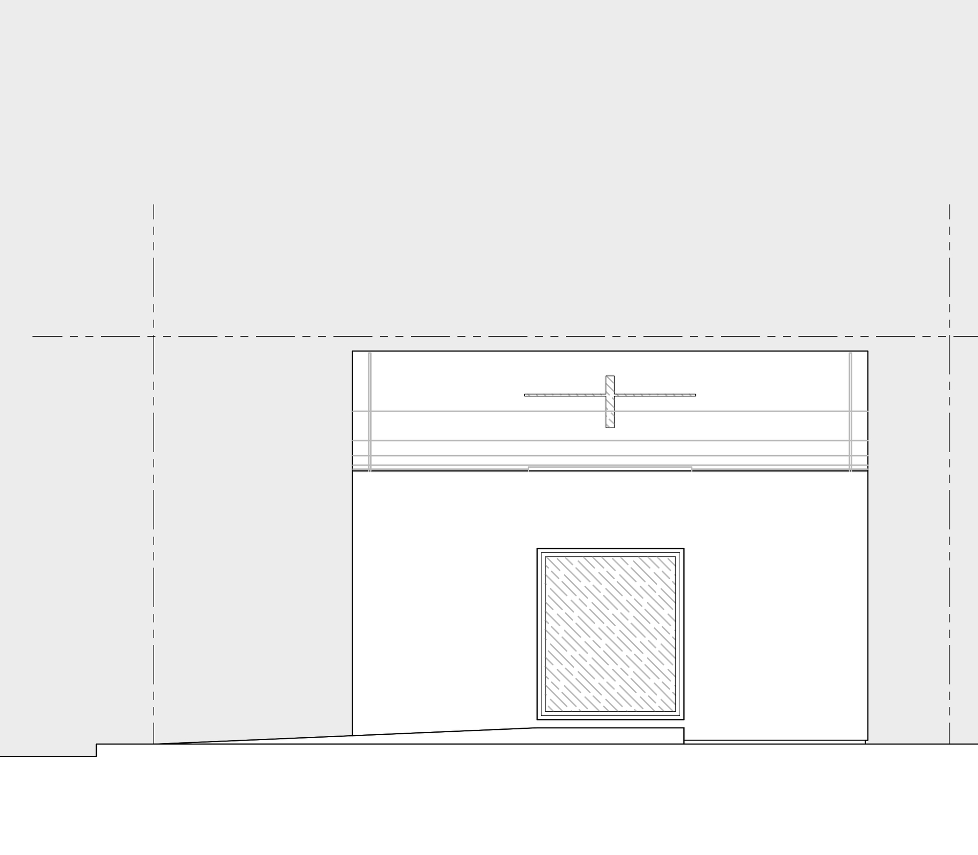 Elevation drawing of a flat white facade with a hatched square opening below and a small cross-shaped slot in the upper band