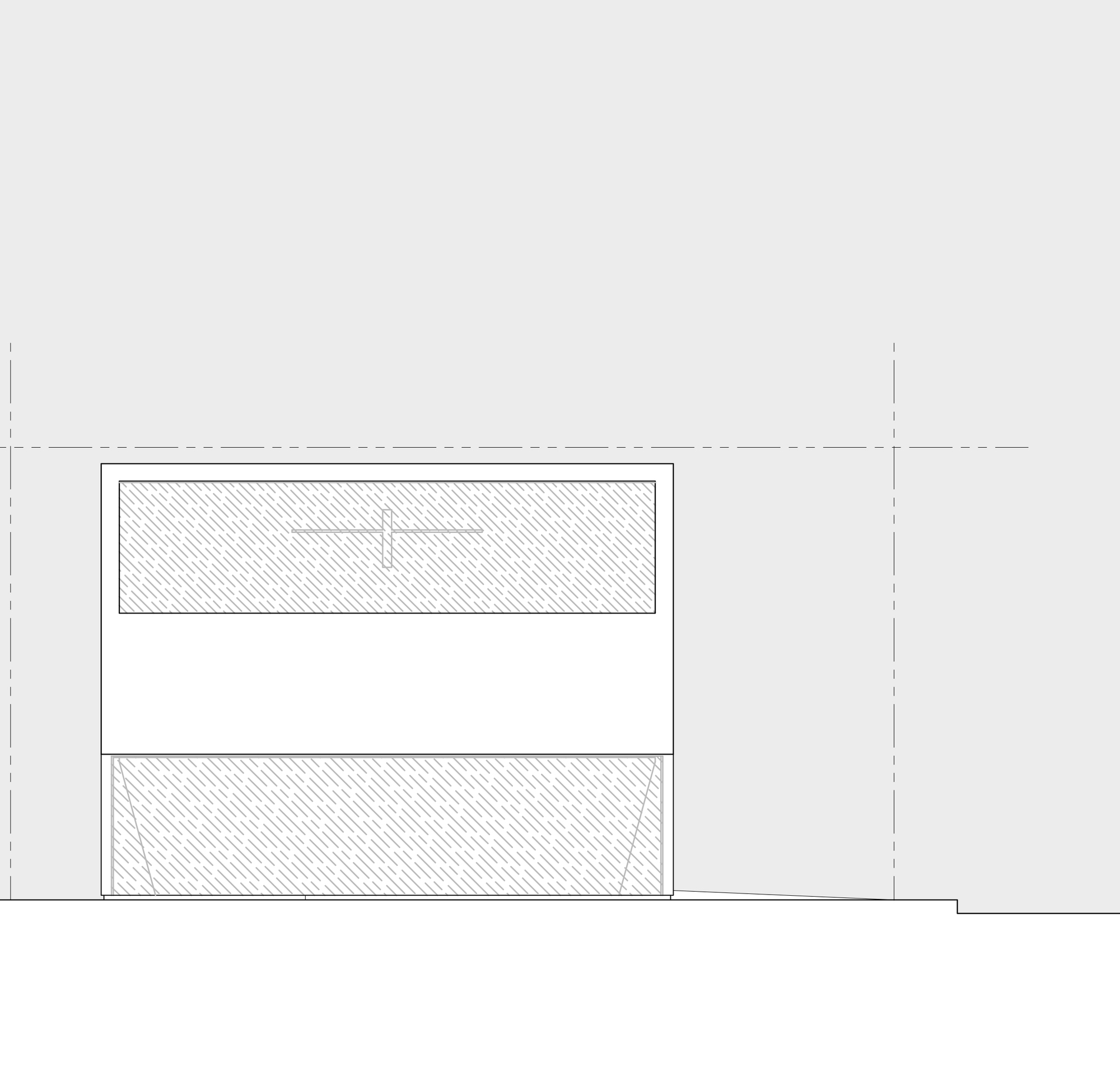 Elevation drawing of a boxy facade with a hatched window band above, a cross mark, and a hatched lower opening