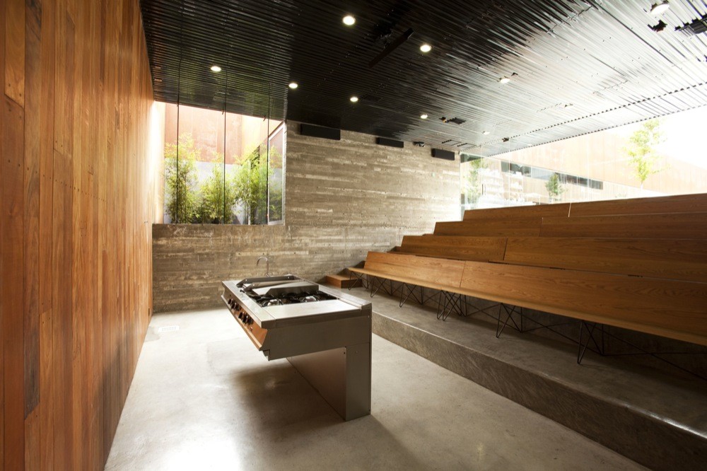Teaching kitchen with a steel cooktop island facing tiered timber bench seating, board-formed concrete wall and daylight from a planted courtyard